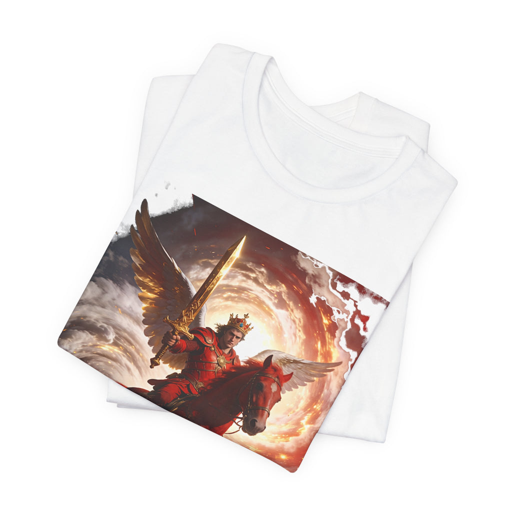 The red horse from Revelation 6:3-4-Winged Knight Riding Red Horse Graphic Tee — Warrior T-Shirt