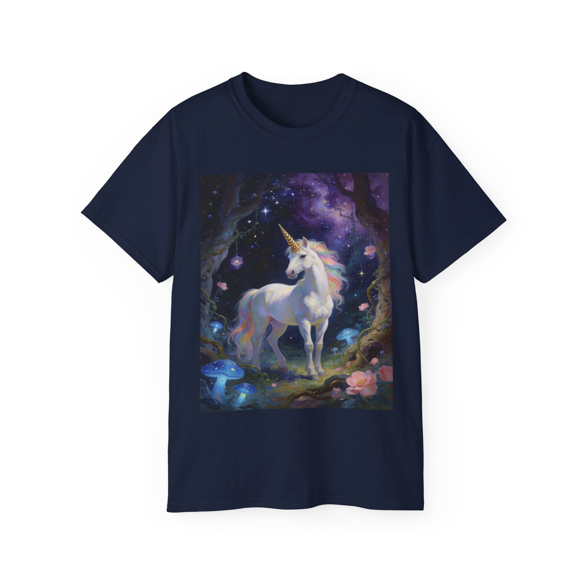 Unicorn Fantasy Cotton T‑Shirt — Enchanted Night Forest Graphic Tee