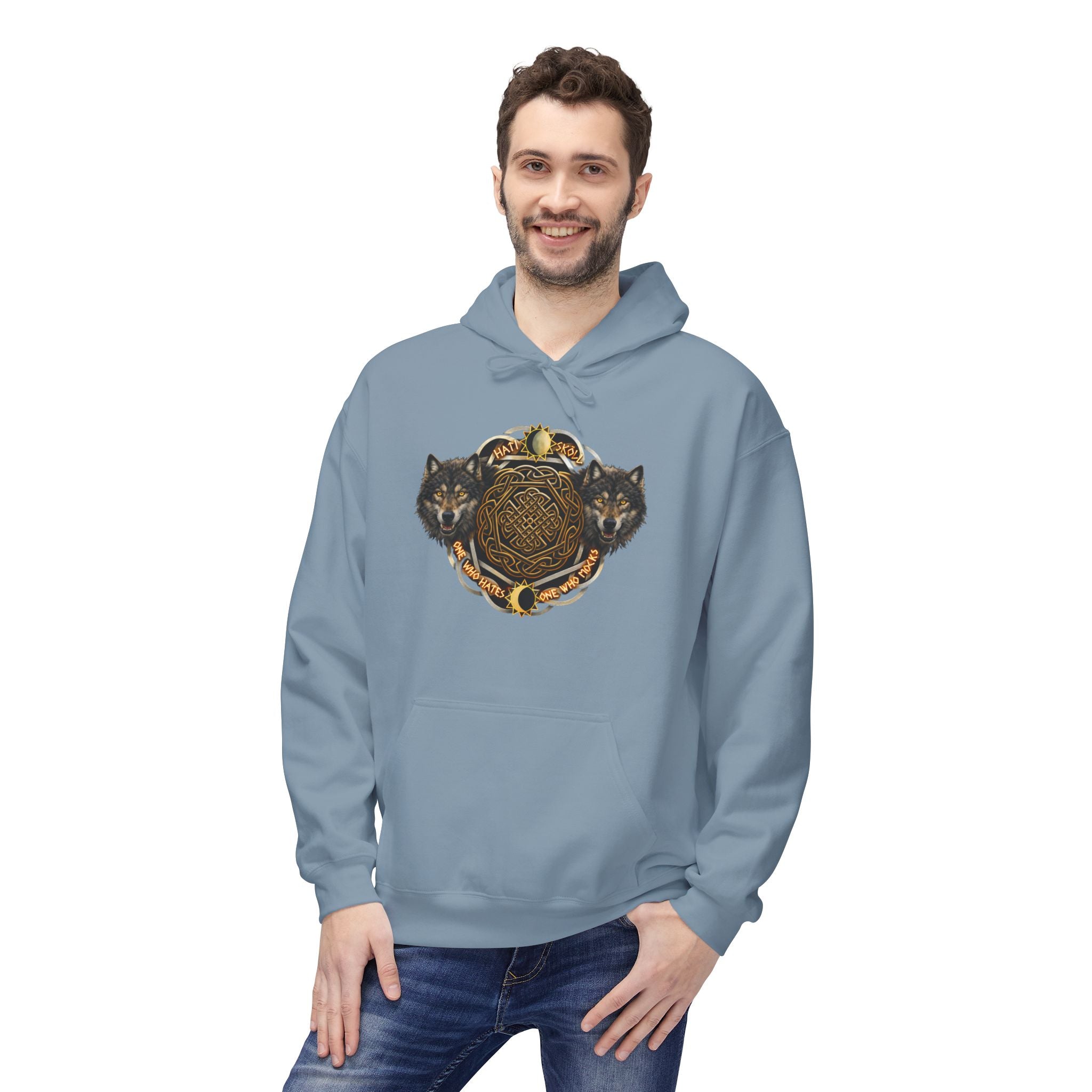 Skoll and Hati – The Wolves of the Sun and Moon-Hoodie — Rustic Wildlife Graphic Hooded Sweatshirt