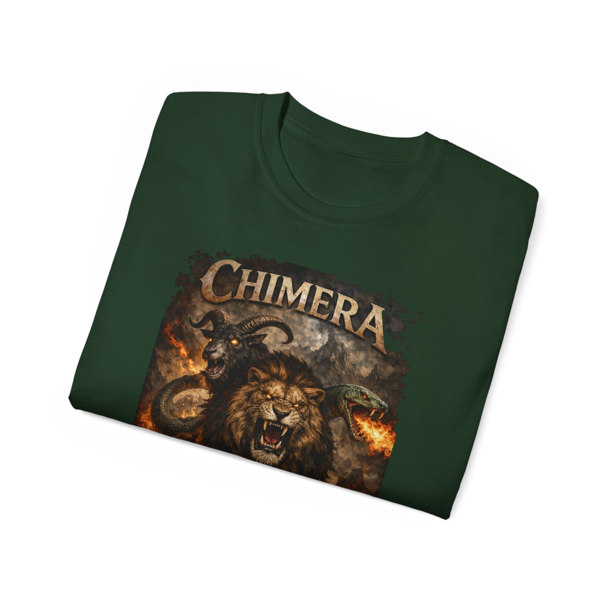 Chimera Mythical Beast - A Creature Born of Conflict Cotton Tee — Fierce Lion-Dragon Wolf Design