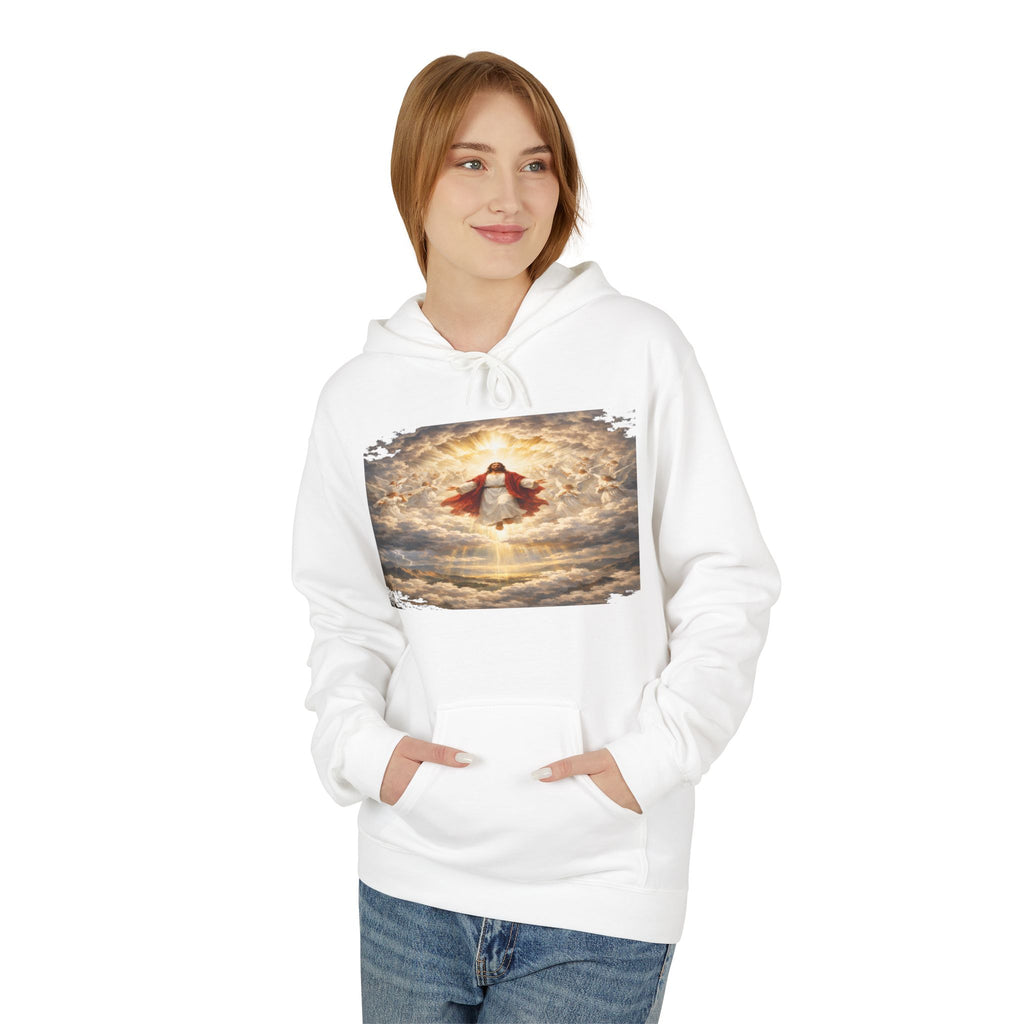 Jesus Christ Second Coming-Angel in the Clouds Hoodie — Spiritual Sunrise Graphic Hoodie