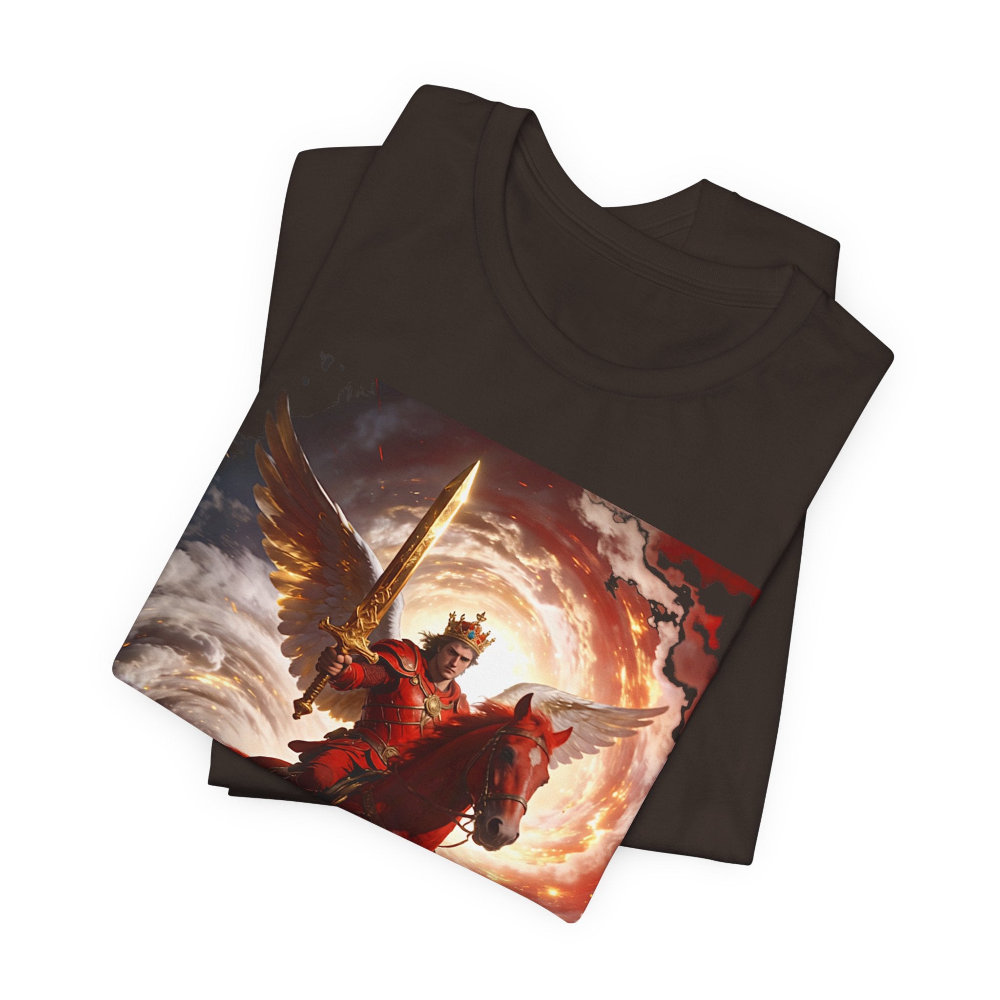 The red horse from Revelation 6:3-4-Winged Knight Riding Red Horse Graphic Tee — Warrior T-Shirt