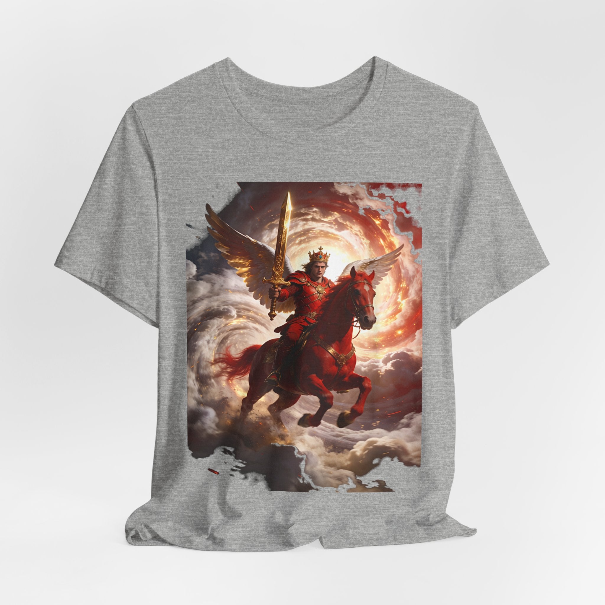The red horse from Revelation 6:3-4-Winged Knight Riding Red Horse Graphic Tee — Warrior T-Shirt