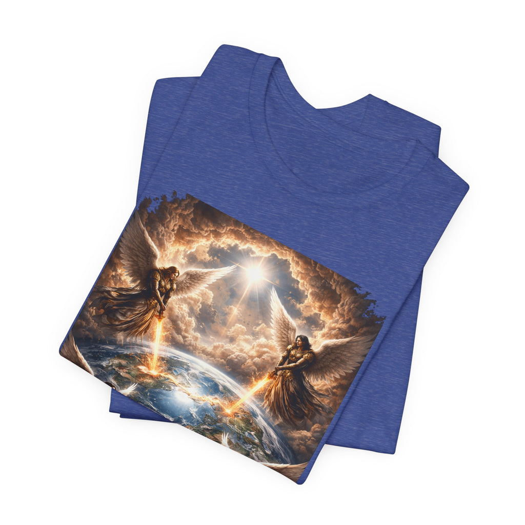 Revelation 7:1 Four angels standing on the four corners of the earth as seen from heaven-when the secound comingis near T‑Shirt — Heavenly Earth & Angels Graphic Tee