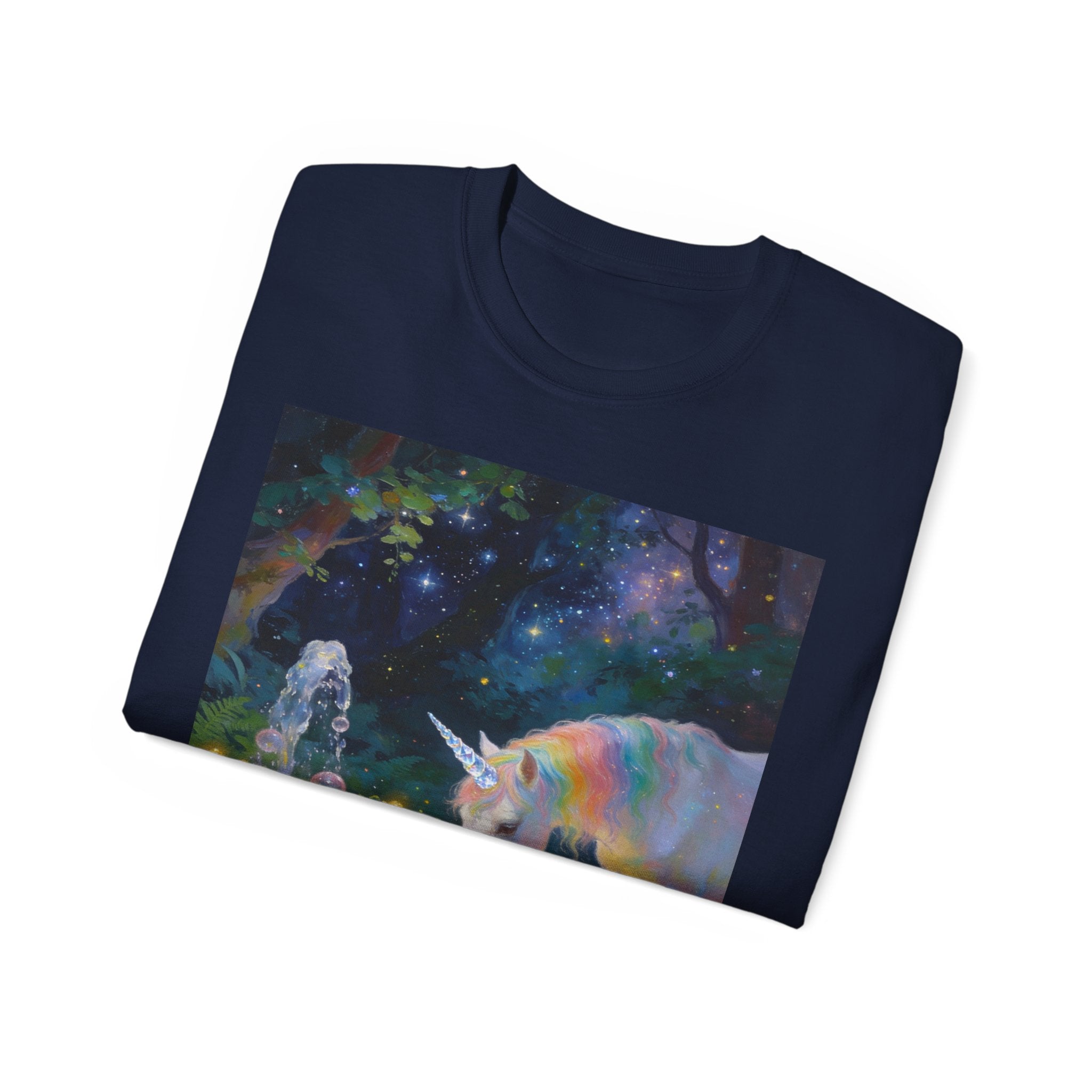 Unicorn Night Garden Tee — Rainbow Unicorn at Moonlit Fountain T-Shirt