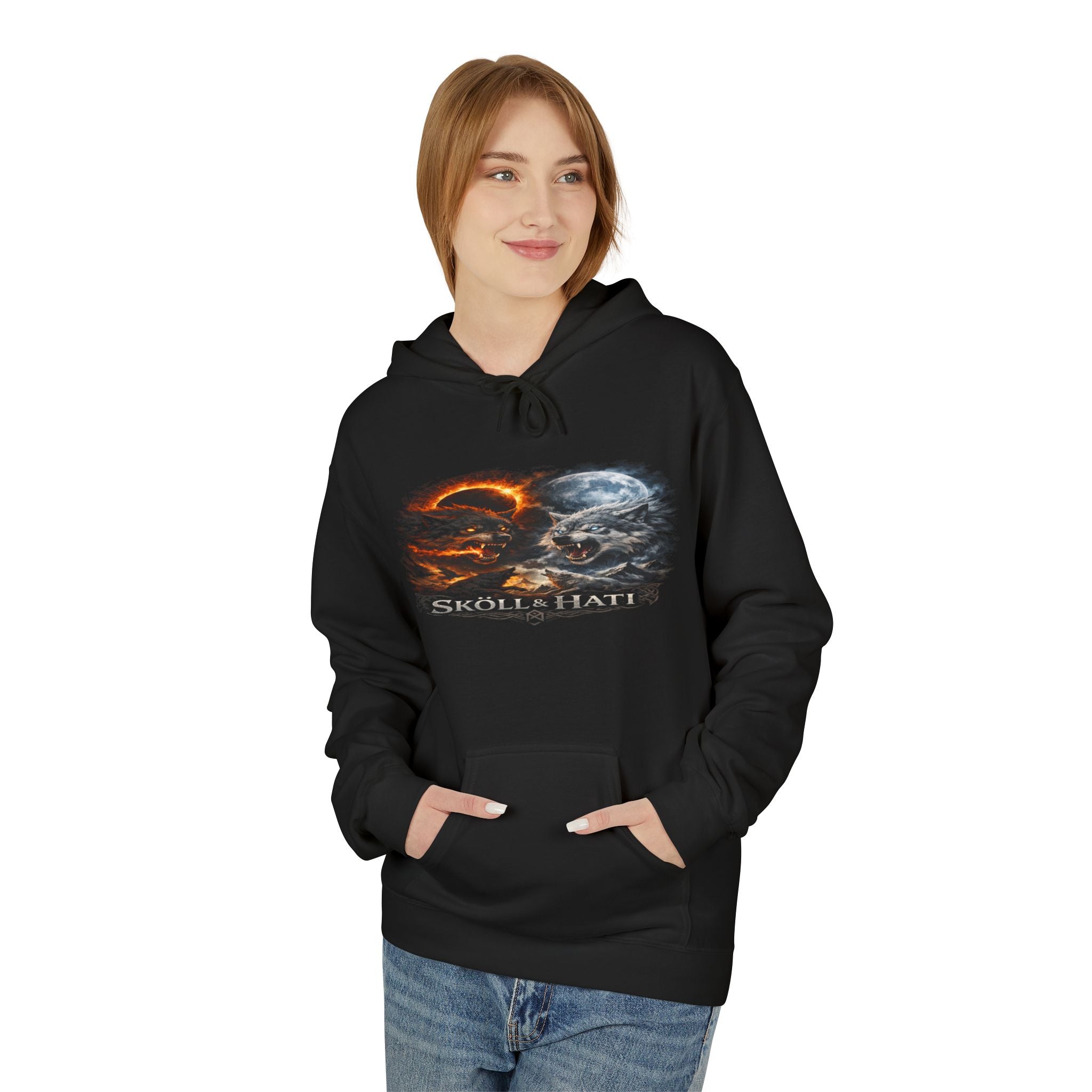 Skoll & Hati Norse Mythology Hoodie — Fire and Ice Wolves Graphic