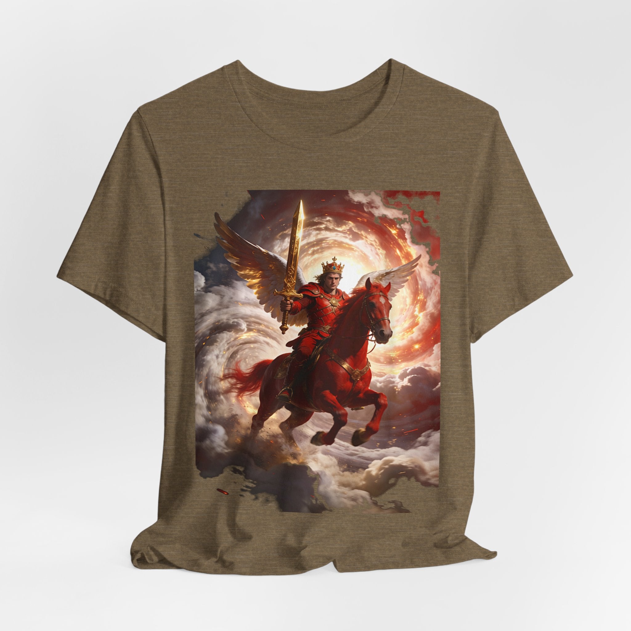 The red horse from Revelation 6:3-4-Winged Knight Riding Red Horse Graphic Tee — Warrior T-Shirt