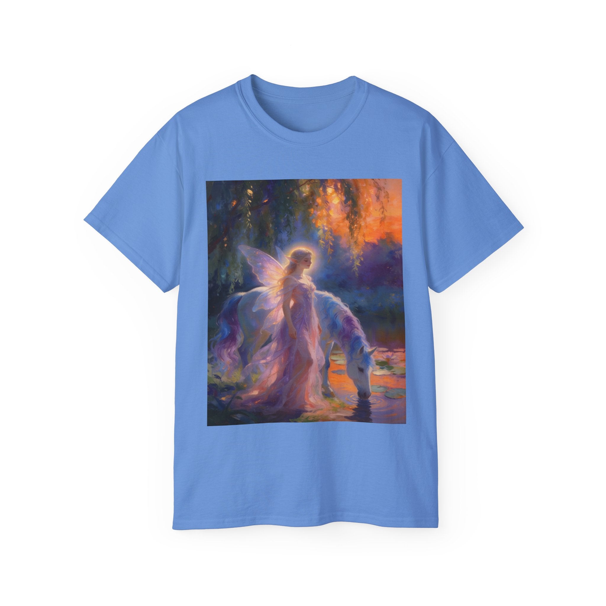 Fairy and Unicorn Fantasy Cotton T-Shirt — Ethereal Sunset Magic Tee