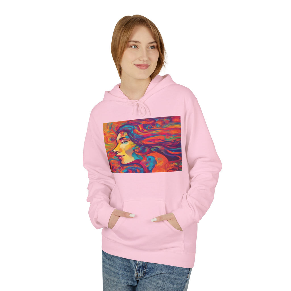 Colorful 1970s Psychedelic Woman Portrait Hoodie — Vibrant Retro Art Pullover
