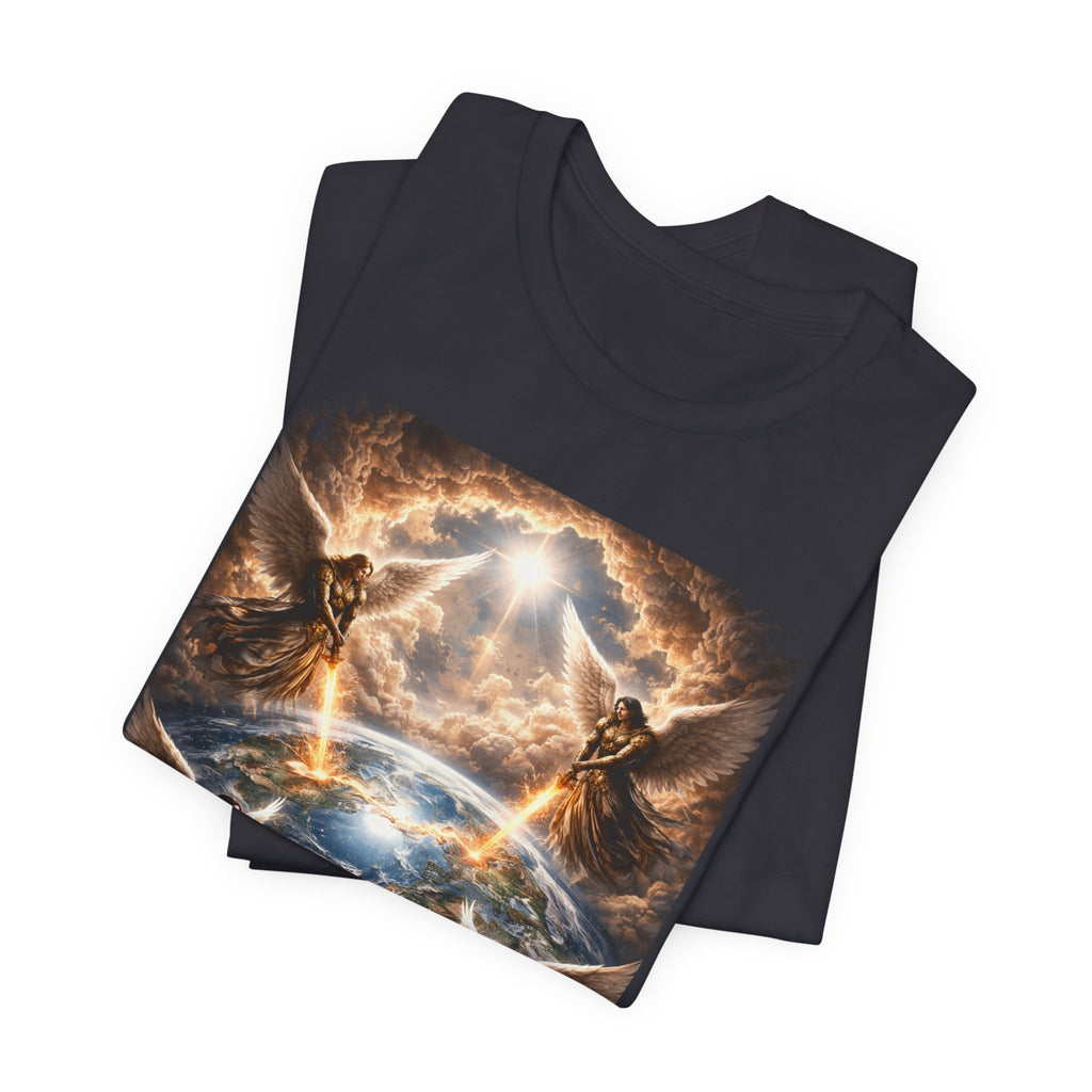 Revelation 7:1 Four angels standing on the four corners of the earth as seen from heaven-when the secound comingis near T‑Shirt — Heavenly Earth & Angels Graphic Tee