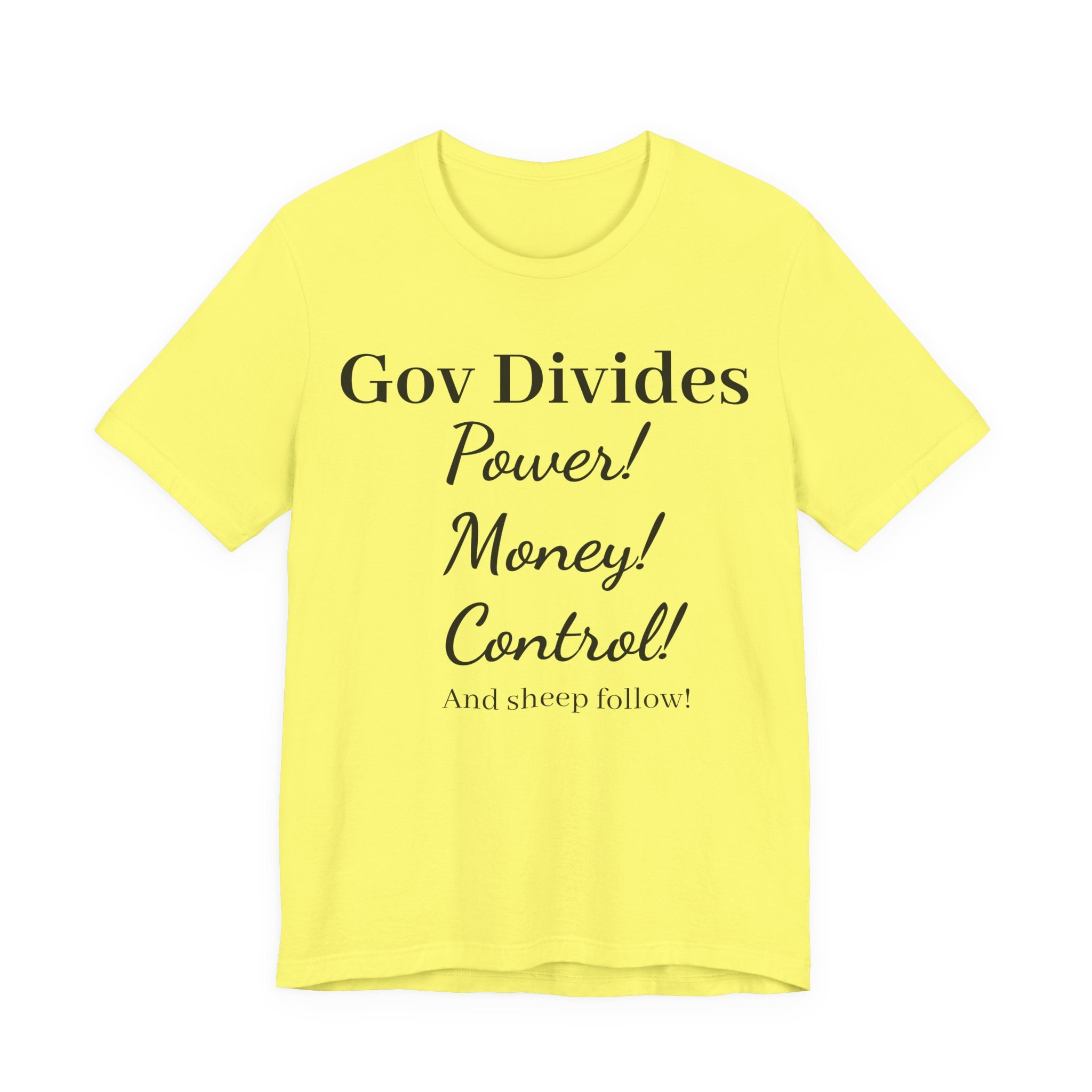 Gov Divides T‑Shirt – "Gov Divides: Power! Money! Control!" Political Statement Tee