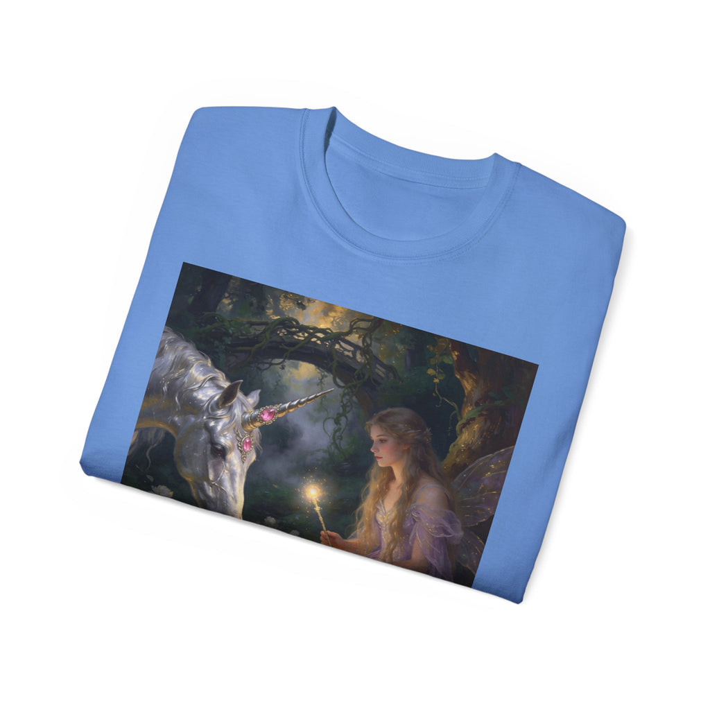 Unicorn Night Fairy Cotton T‑Shirt — Enchanted Girl & Unicorn Art Tee