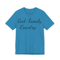 God · Family · Country Script Tee — Patriotic Christian Short Sleeve Shirt