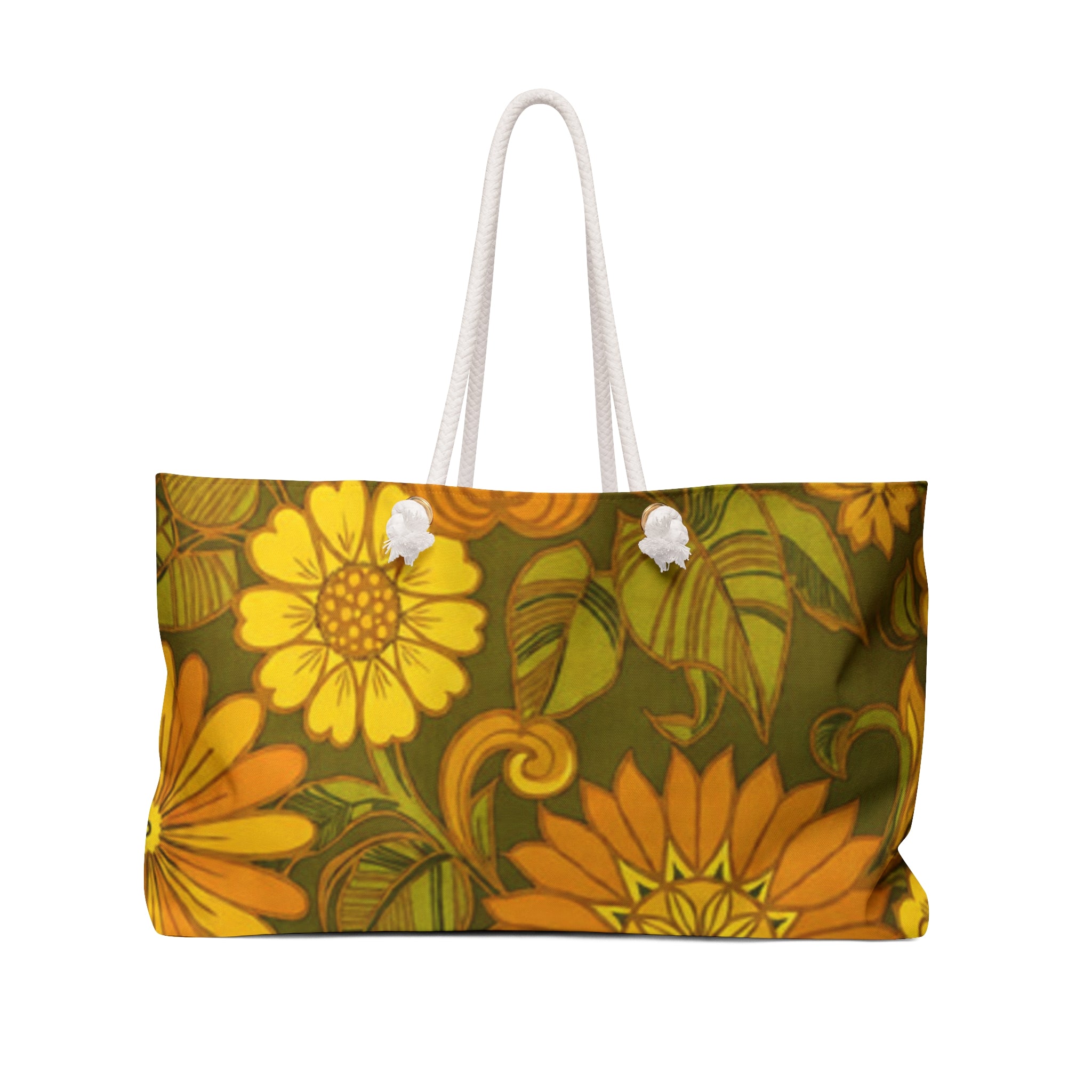 Retro Floral Weekender Bag — Vintage Orange & Olive Travel Tote