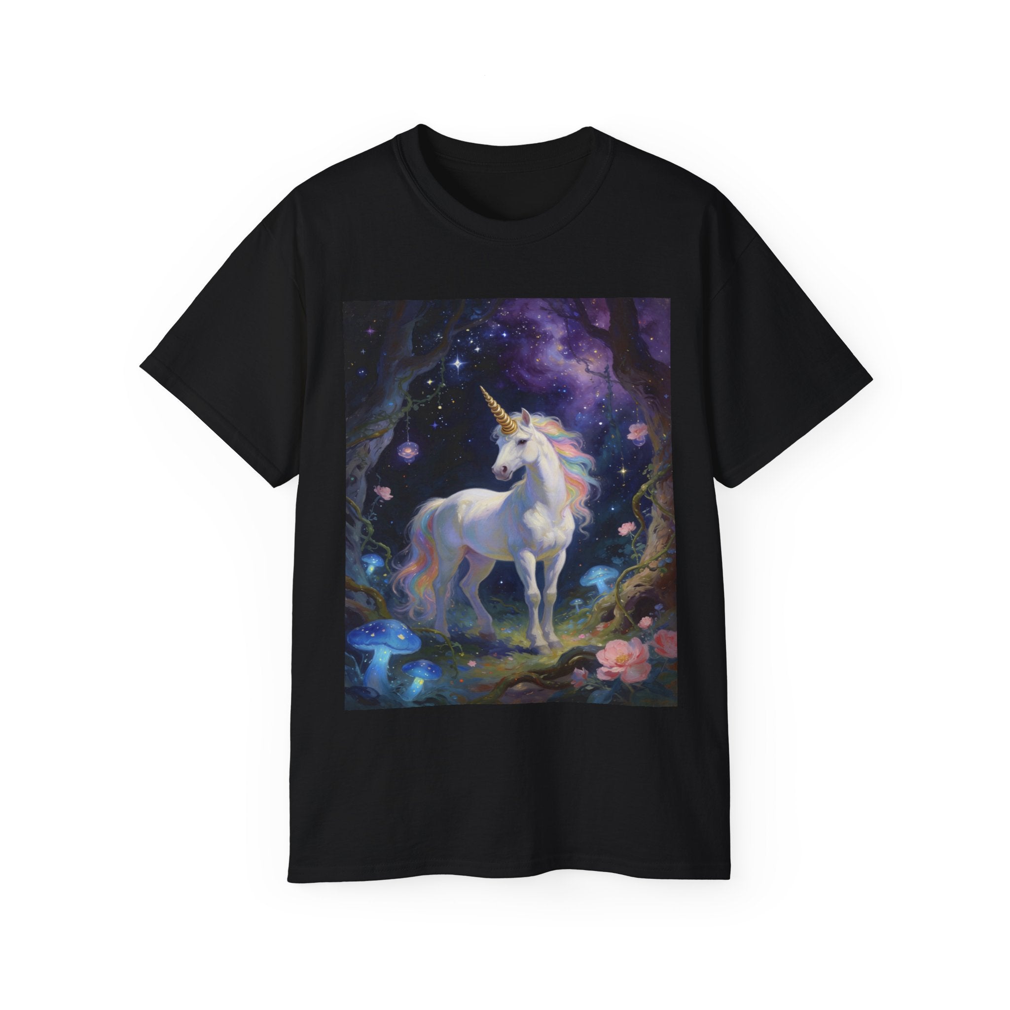 Unicorn Fantasy Cotton T‑Shirt — Enchanted Night Forest Graphic Tee
