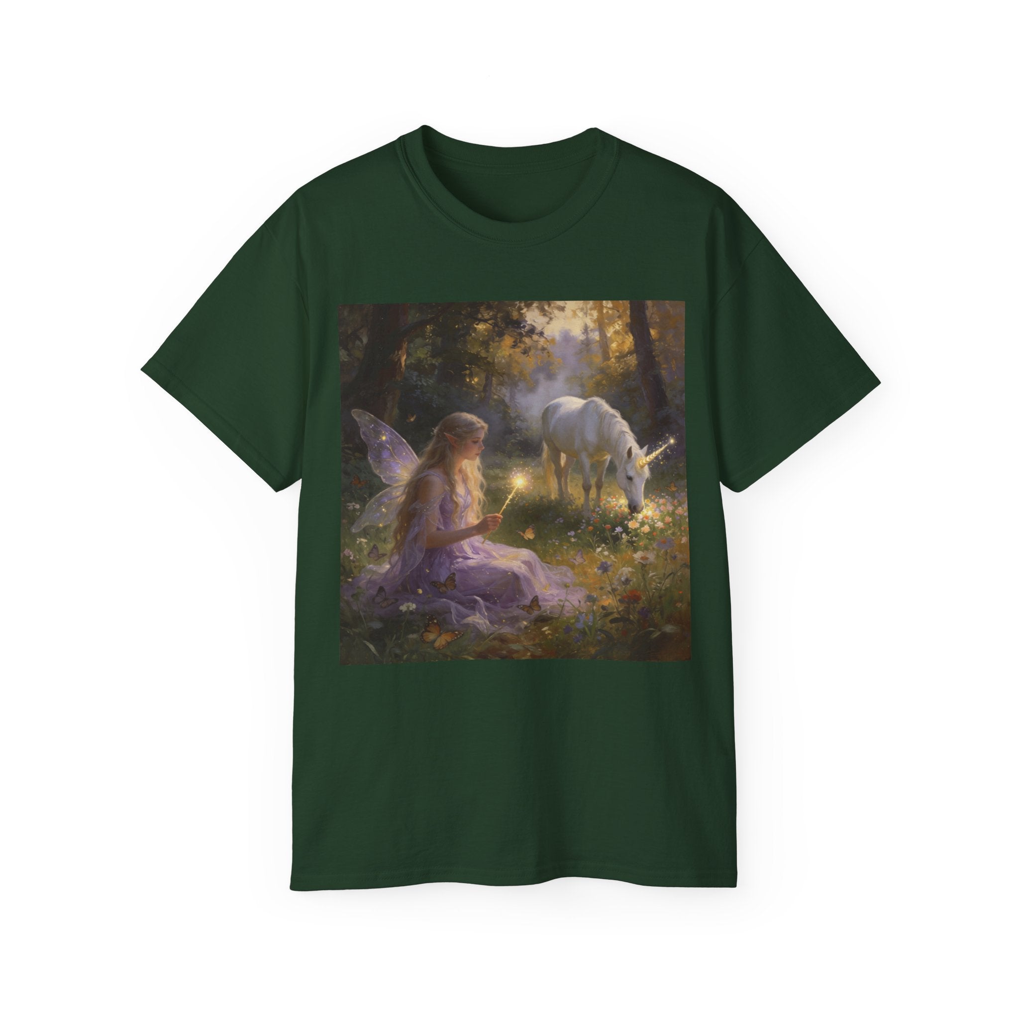 Fairy and Unicorn Cotton Forest Tee — Enchanted Fantasy Graphic T‑Shirt