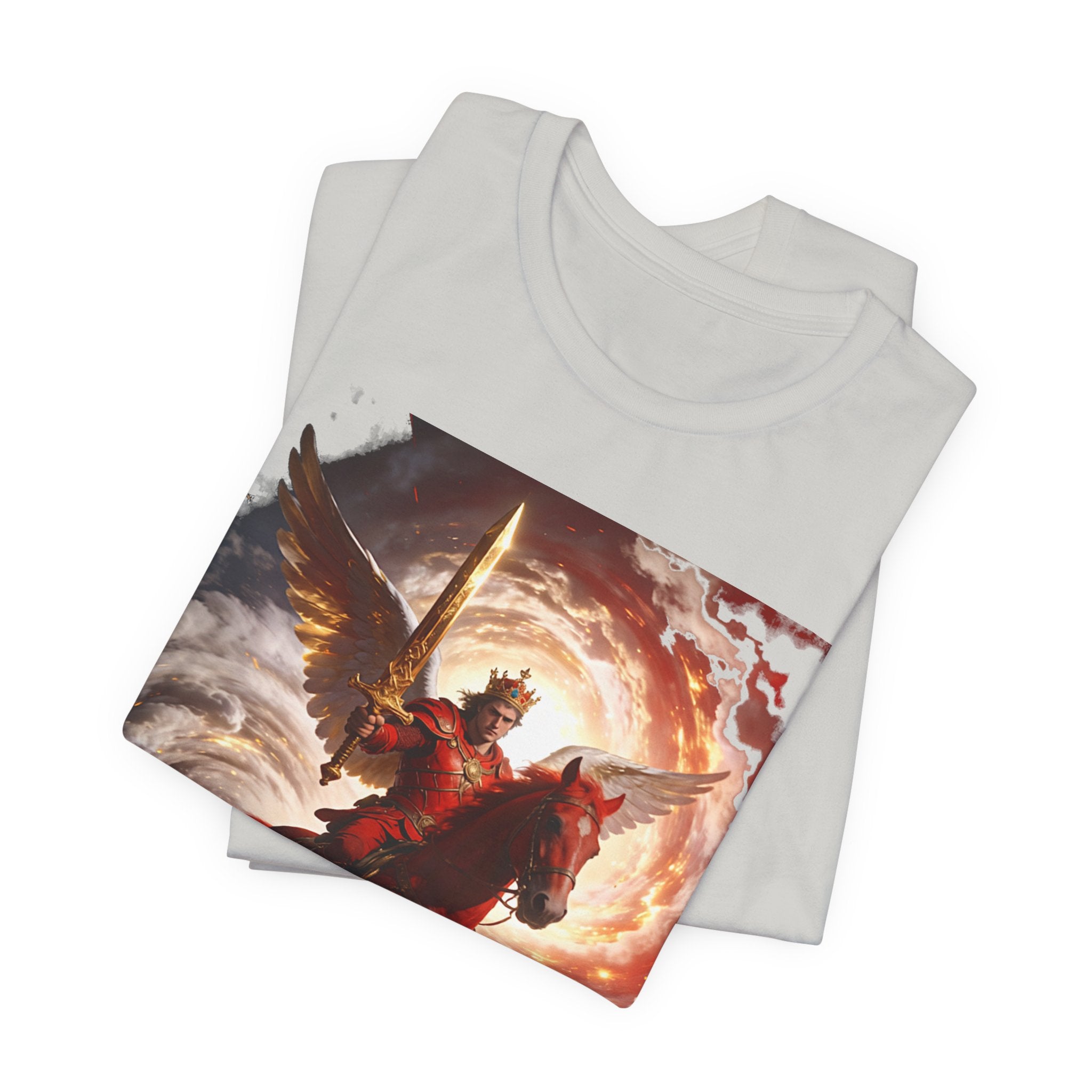 The red horse from Revelation 6:3-4-Winged Knight Riding Red Horse Graphic Tee — Warrior T-Shirt