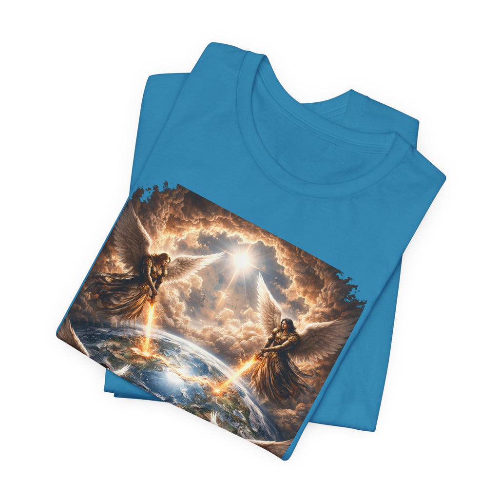 Revelation 7:1 Four angels standing on the four corners of the earth as seen from heaven-when the secound comingis near T‑Shirt — Heavenly Earth & Angels Graphic Tee