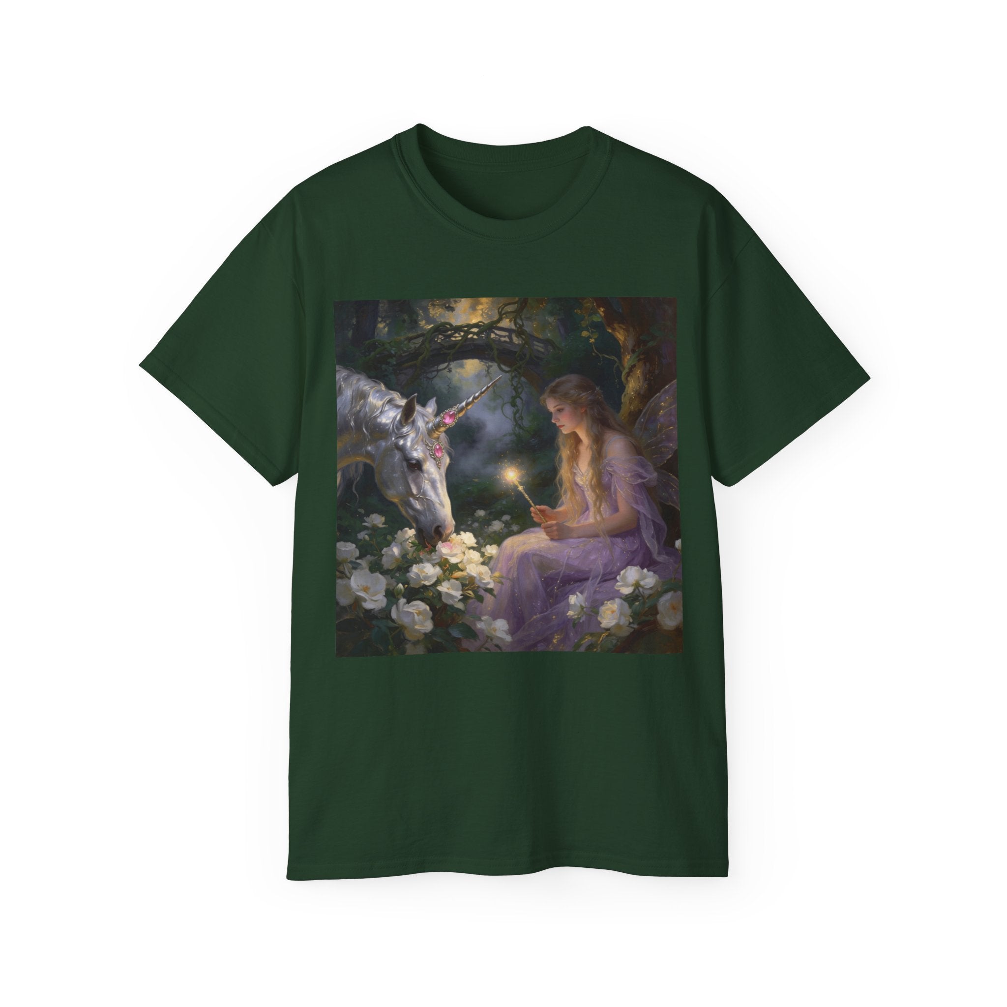 Unicorn Night Fairy Cotton T‑Shirt — Enchanted Girl & Unicorn Art Tee
