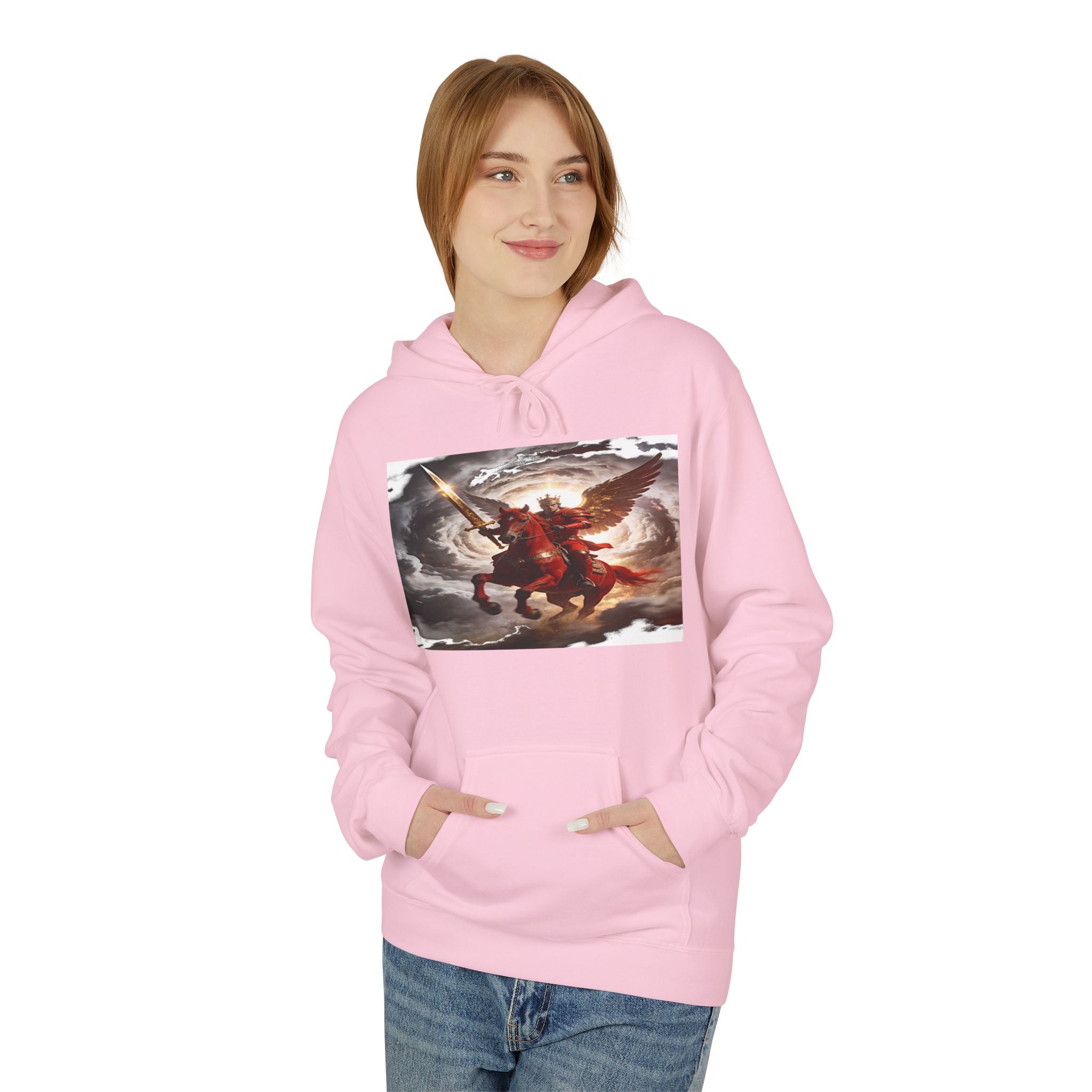 The red horse from Revelation 6:3-4 Angel Warrior Hoodie — Dramatic Archangel Battle Graphic Pullover