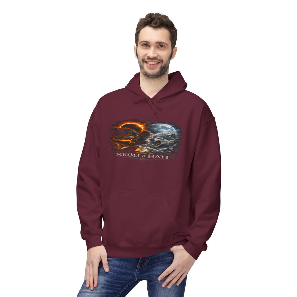 Skoll & Hati Norse Mythology Hoodie — Fire and Ice Wolves Graphic