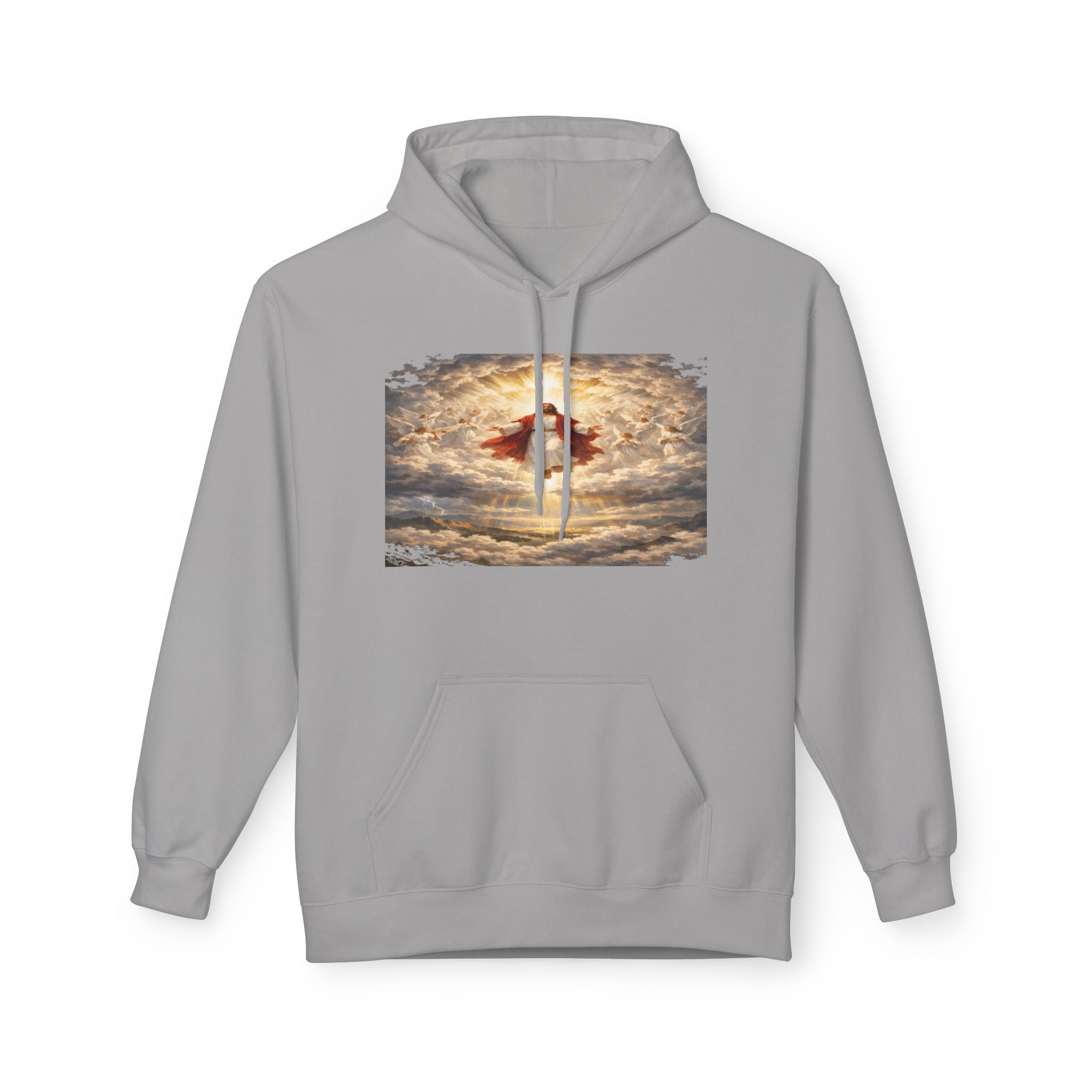 Jesus Christ Second Coming-Angel in the Clouds Hoodie — Spiritual Sunrise Graphic Hoodie
