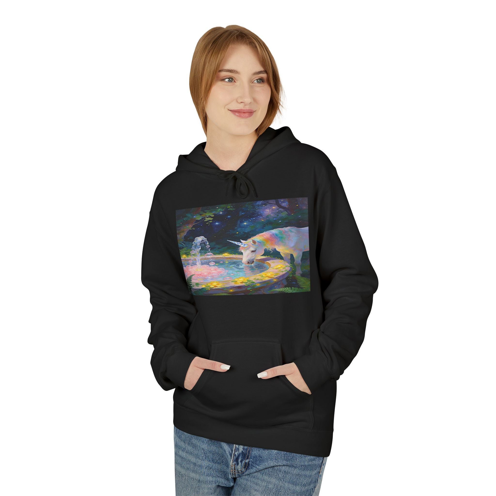 Aurora Bear & Fountain Hoodie — Dreamy Watercolor Wildlife Pullover