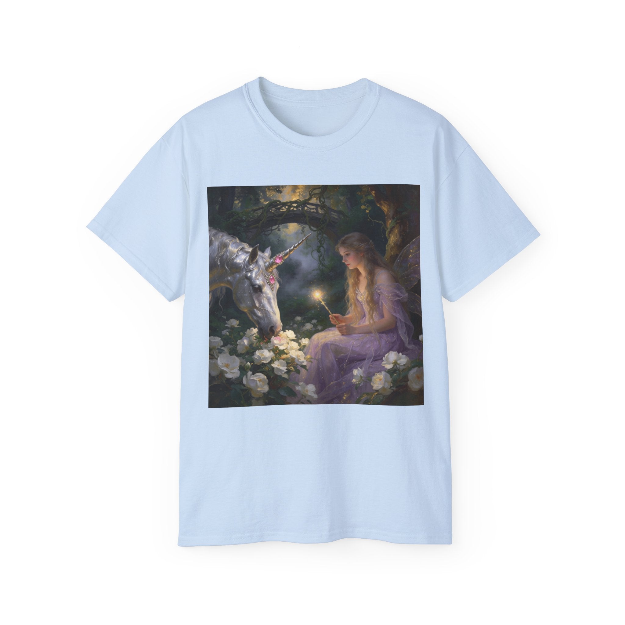 Unicorn Night Fairy Cotton T‑Shirt — Enchanted Girl & Unicorn Art Tee