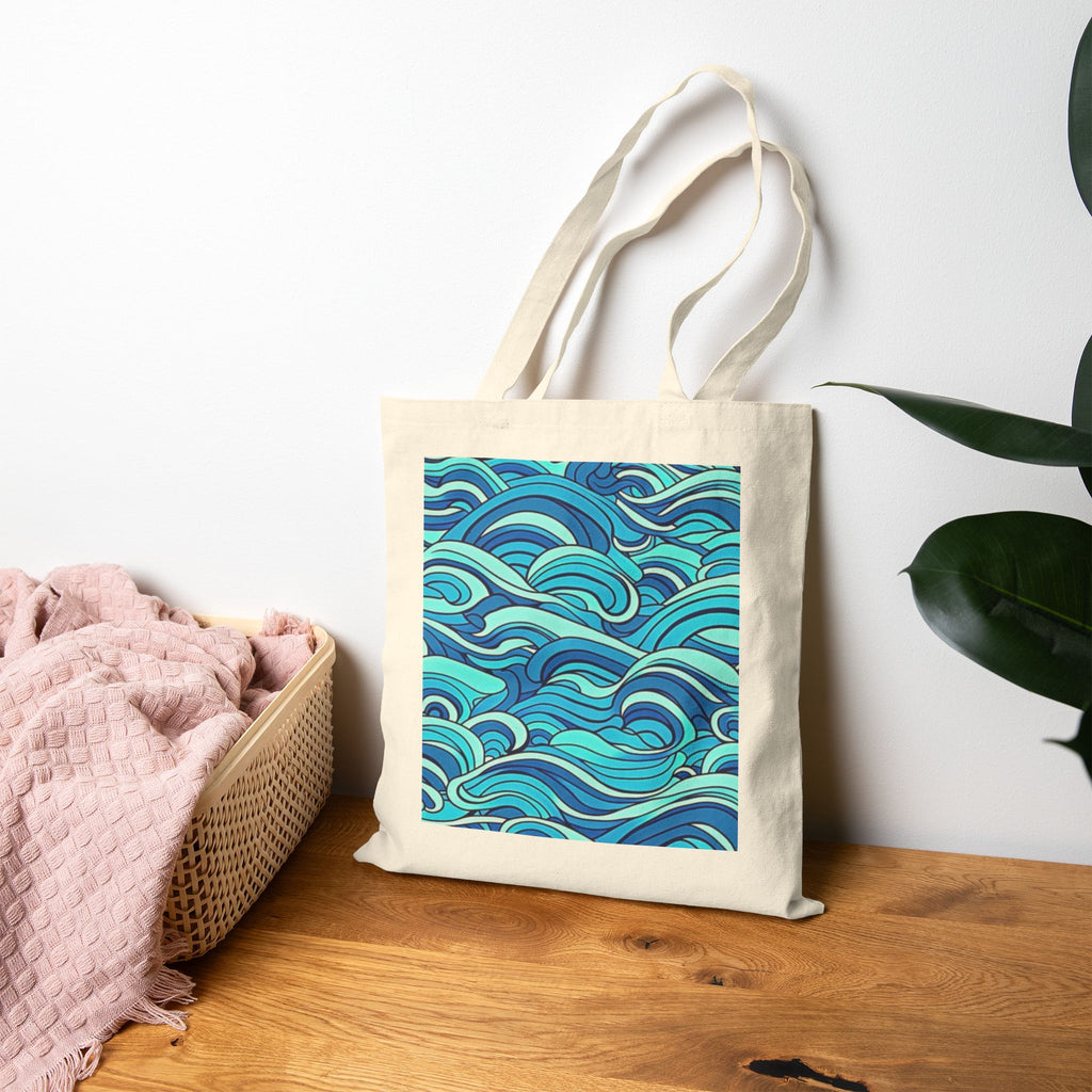 Ocean Wave Canvas Tote Bag — Blue Waves Pattern Cotton Shopper