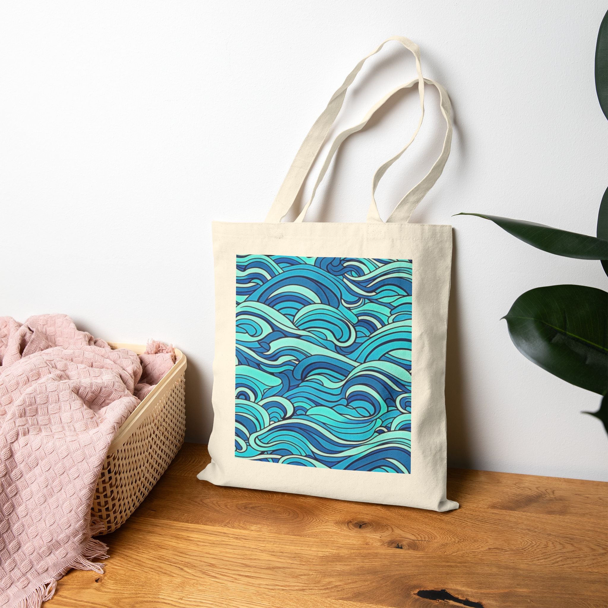 Ocean Wave Canvas Tote Bag — Blue Waves Pattern Cotton Shopper