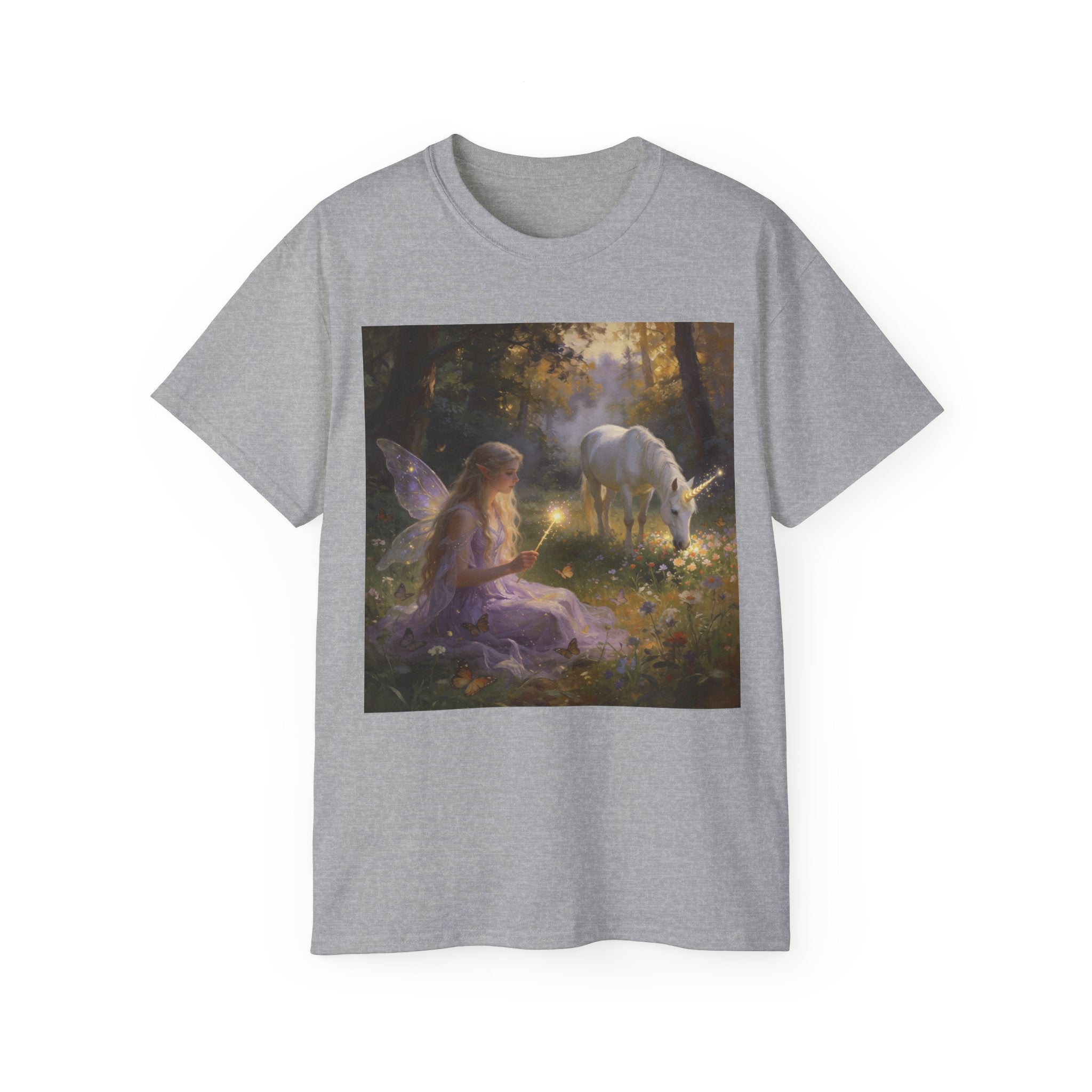 Fairy and Unicorn Cotton Forest Tee — Enchanted Fantasy Graphic T‑Shirt