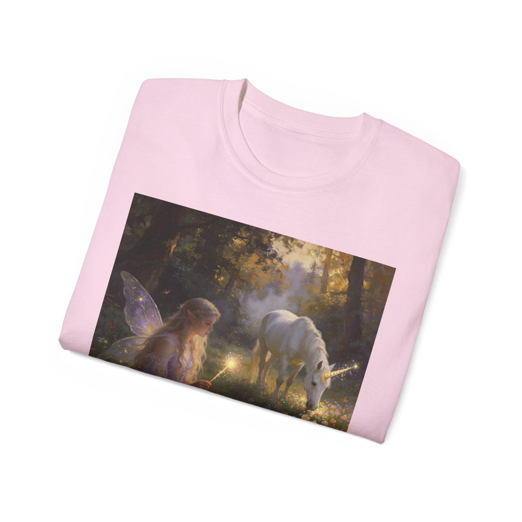 Fairy and Unicorn Cotton Forest Tee — Enchanted Fantasy Graphic T‑Shirt