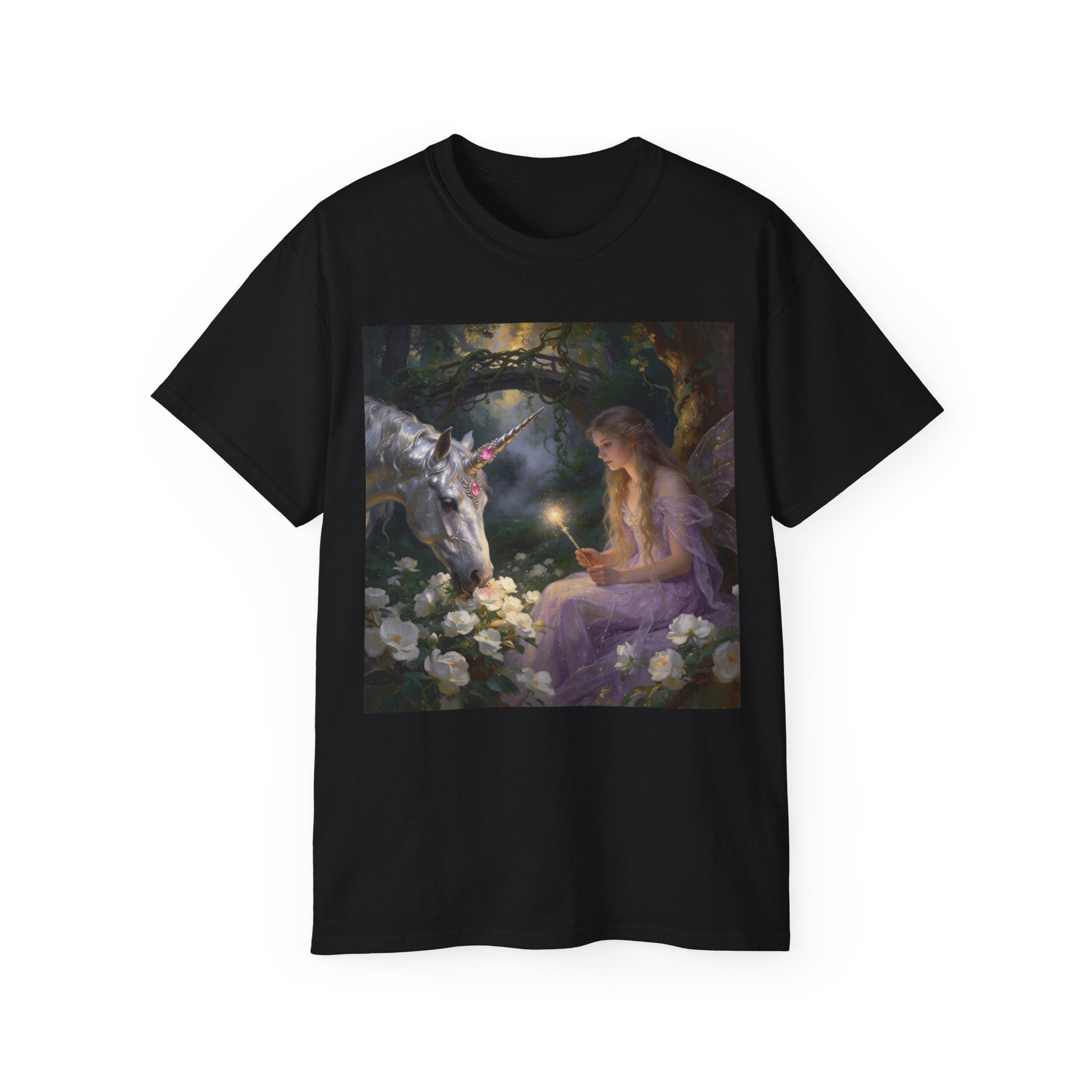 Unicorn Night Fairy Cotton T‑Shirt — Enchanted Girl & Unicorn Art Tee