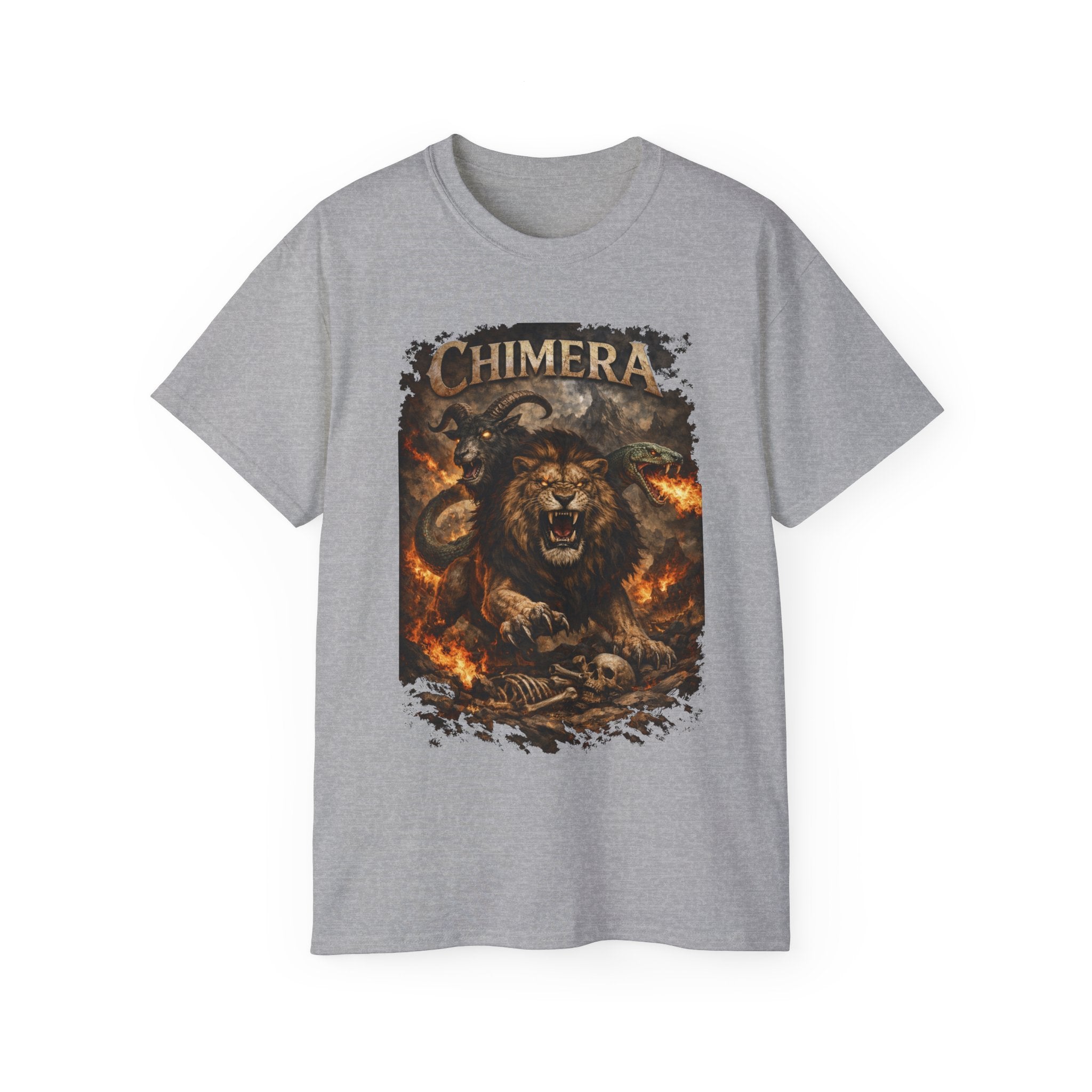 Chimera Mythical Beast - A Creature Born of Conflict Cotton Tee — Fierce Lion-Dragon Wolf Design