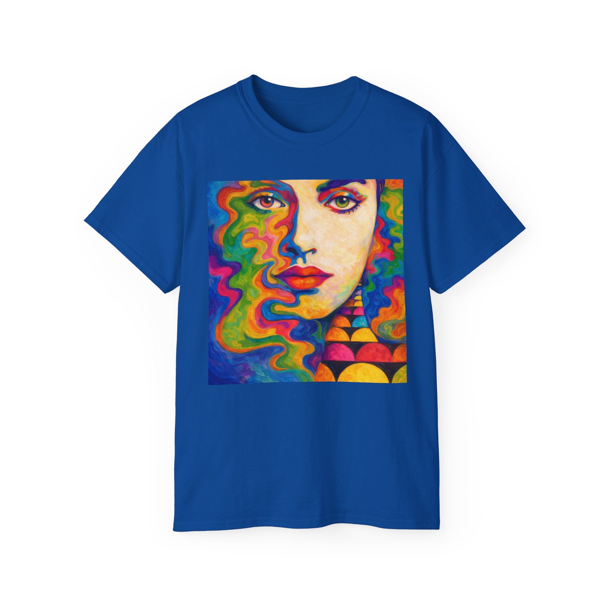 Psychedelic Portrait Cotton T‑Shirt — Colorful Retro Face Art Tee