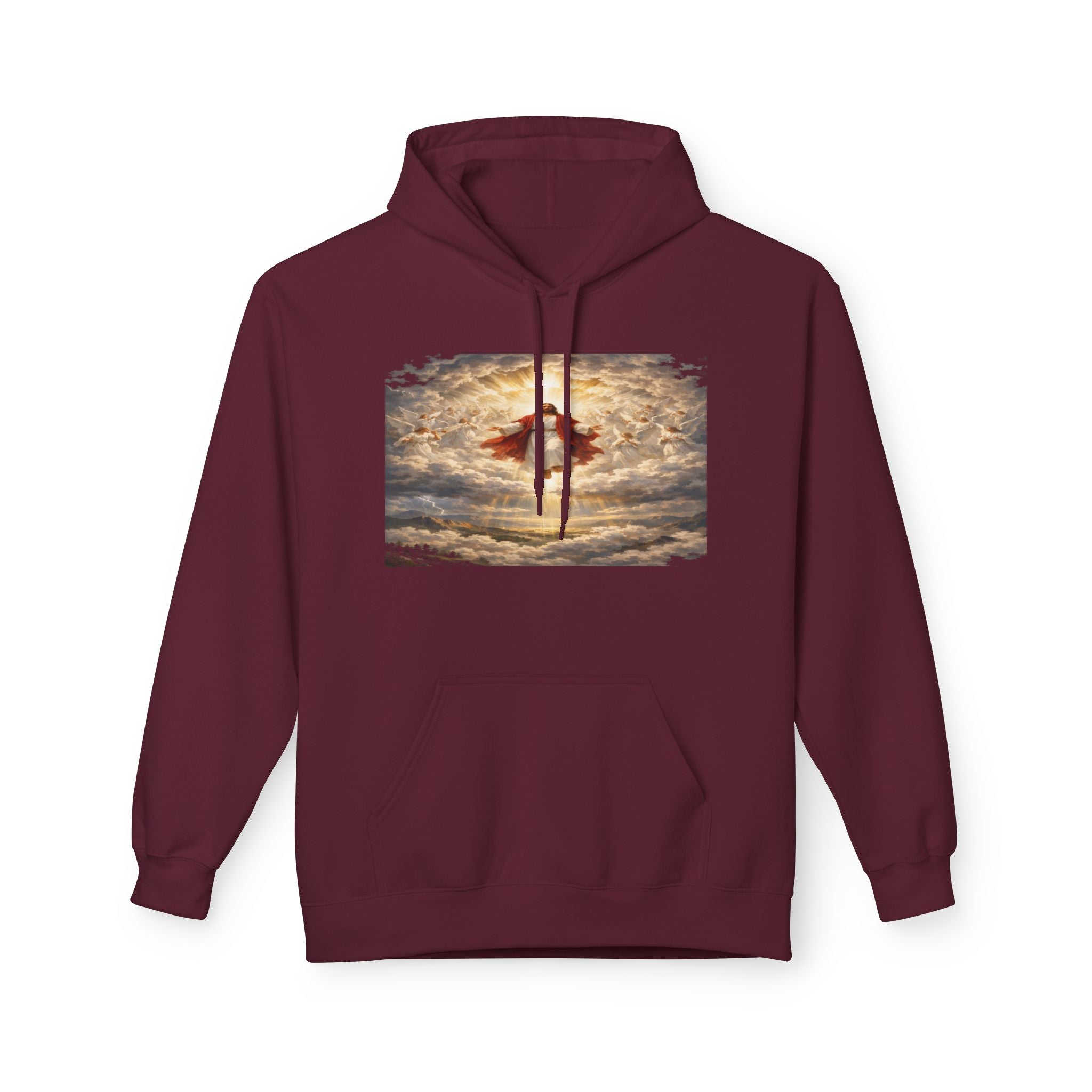 Jesus Christ Second Coming-Angel in the Clouds Hoodie — Spiritual Sunrise Graphic Hoodie
