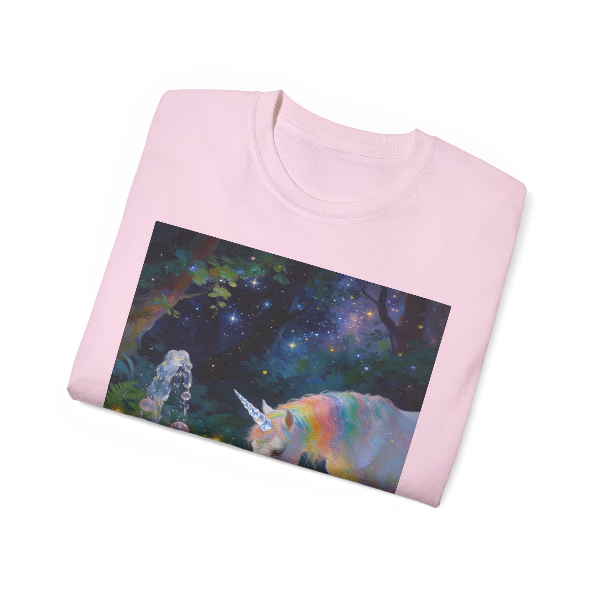 Unicorn Night Garden Tee — Rainbow Unicorn at Moonlit Fountain T-Shirt