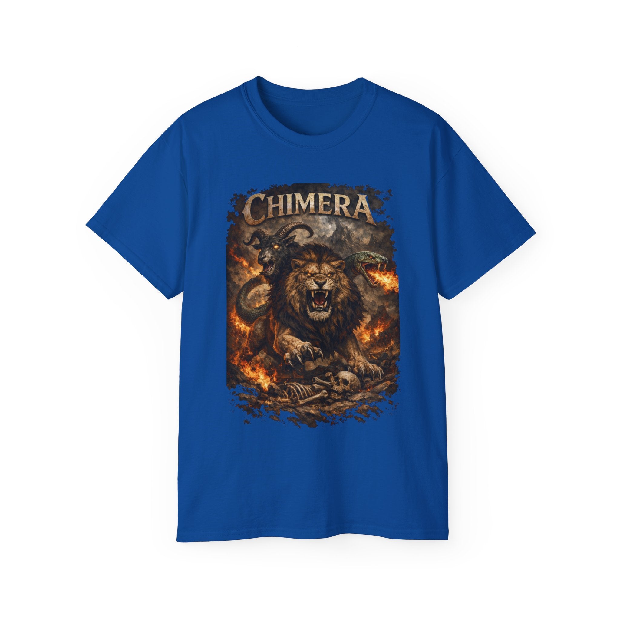 Chimera Mythical Beast - A Creature Born of Conflict Cotton Tee — Fierce Lion-Dragon Wolf Design