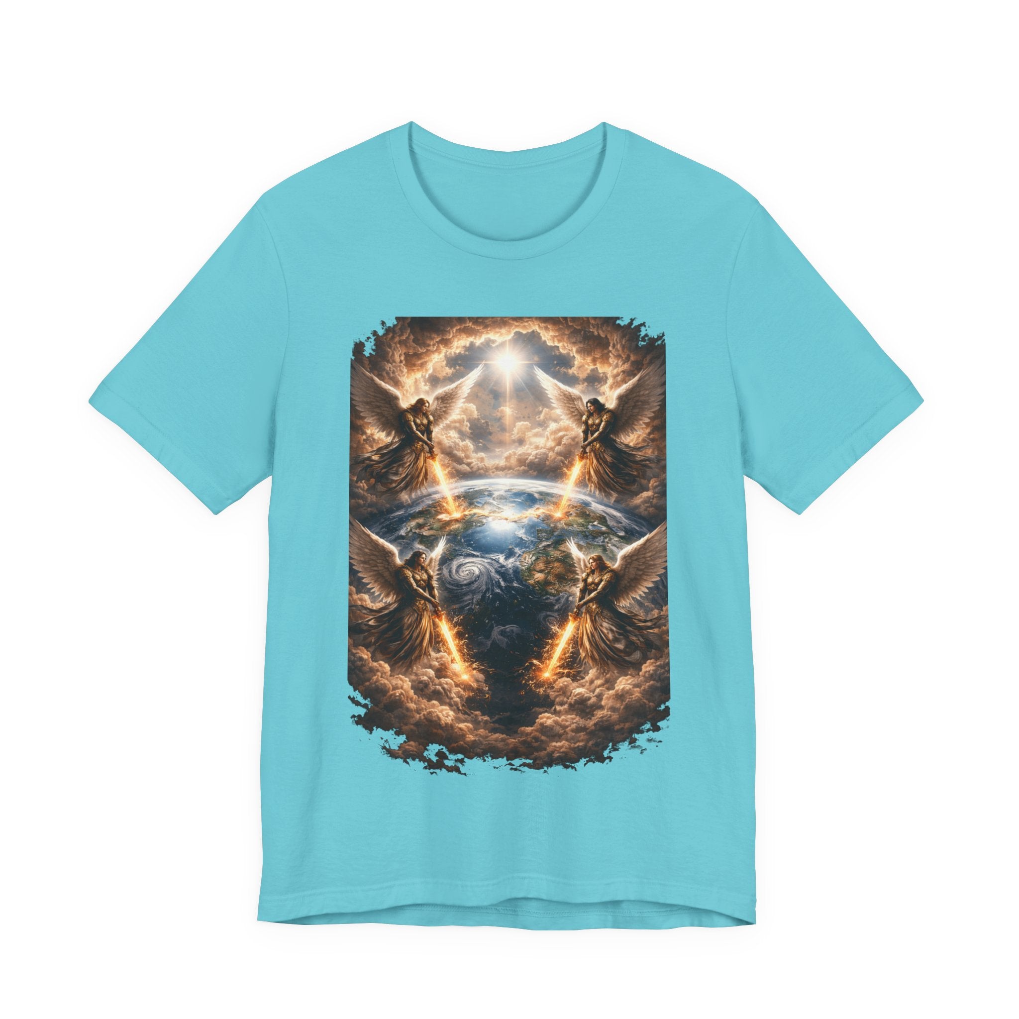 Revelation 7:1 Four angels standing on the four corners of the earth as seen from heaven-when the secound comingis near T‑Shirt — Heavenly Earth & Angels Graphic Tee
