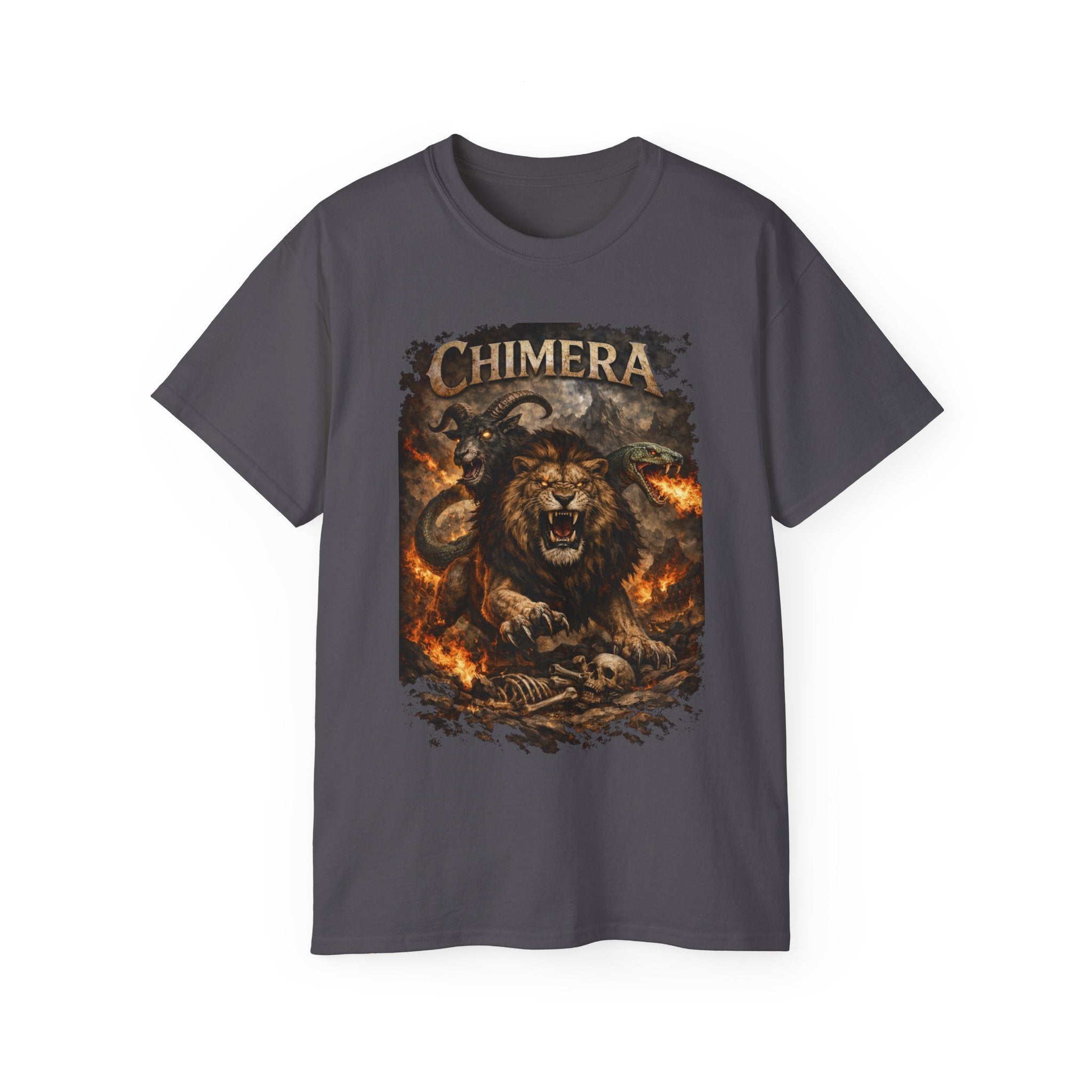 Chimera Mythical Beast - A Creature Born of Conflict Cotton Tee — Fierce Lion-Dragon Wolf Design