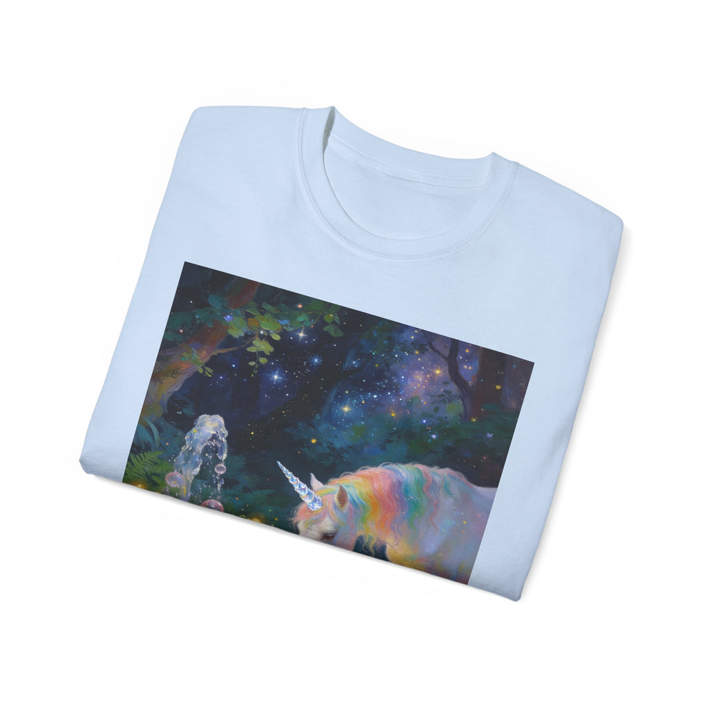 Unicorn Night Garden Tee — Rainbow Unicorn at Moonlit Fountain T-Shirt