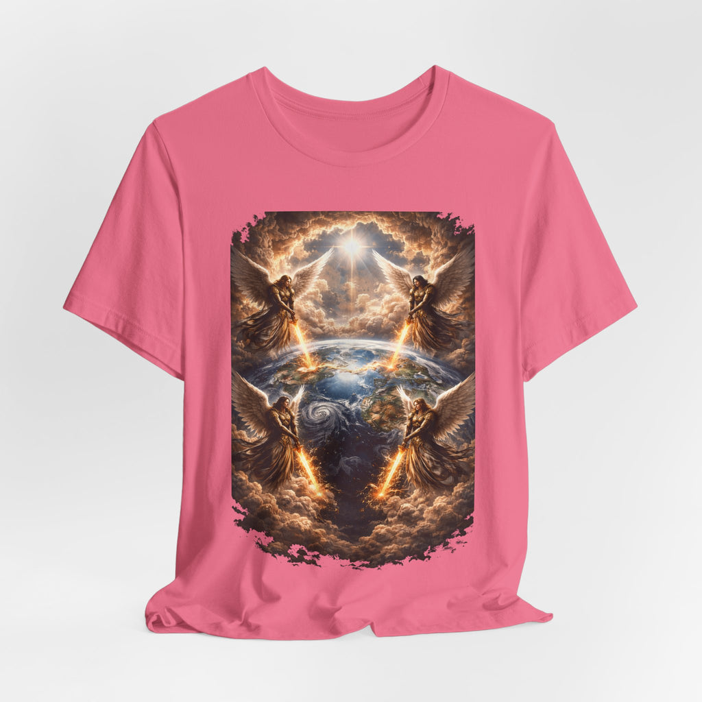 Revelation 7:1 Four angels standing on the four corners of the earth as seen from heaven-when the secound comingis near T‑Shirt — Heavenly Earth & Angels Graphic Tee