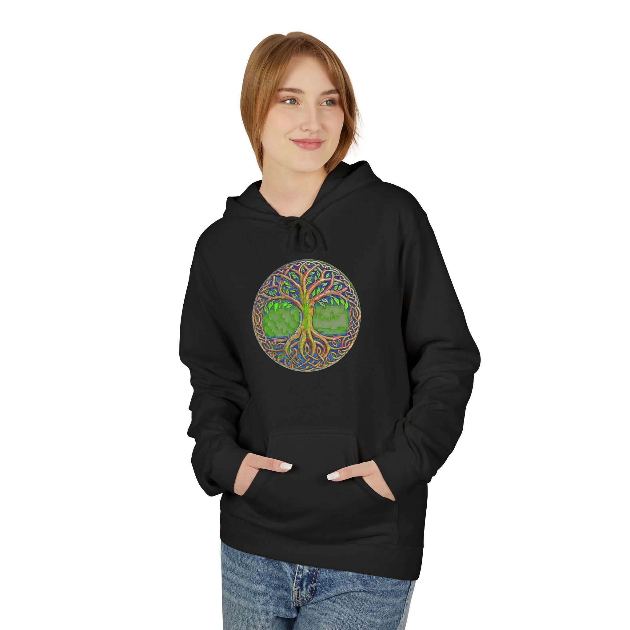 Yggdrasil, the Tree of Life Cotton Hoodie — Green Nature Mandala Pullover