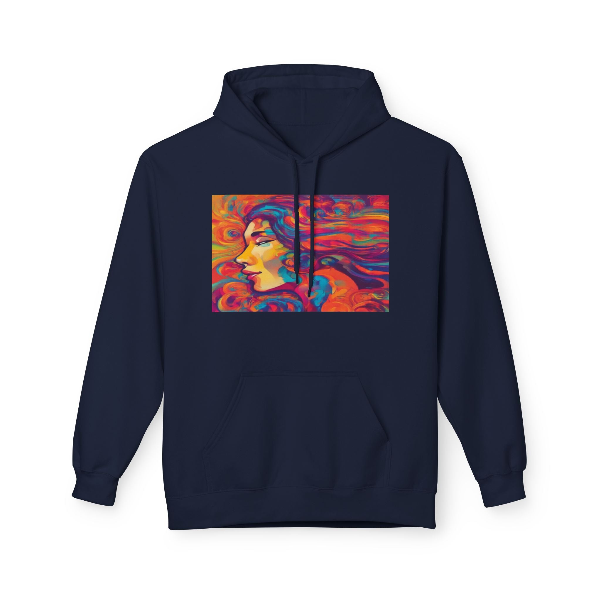 Colorful 1970s Psychedelic Woman Portrait Hoodie — Vibrant Retro Art Pullover