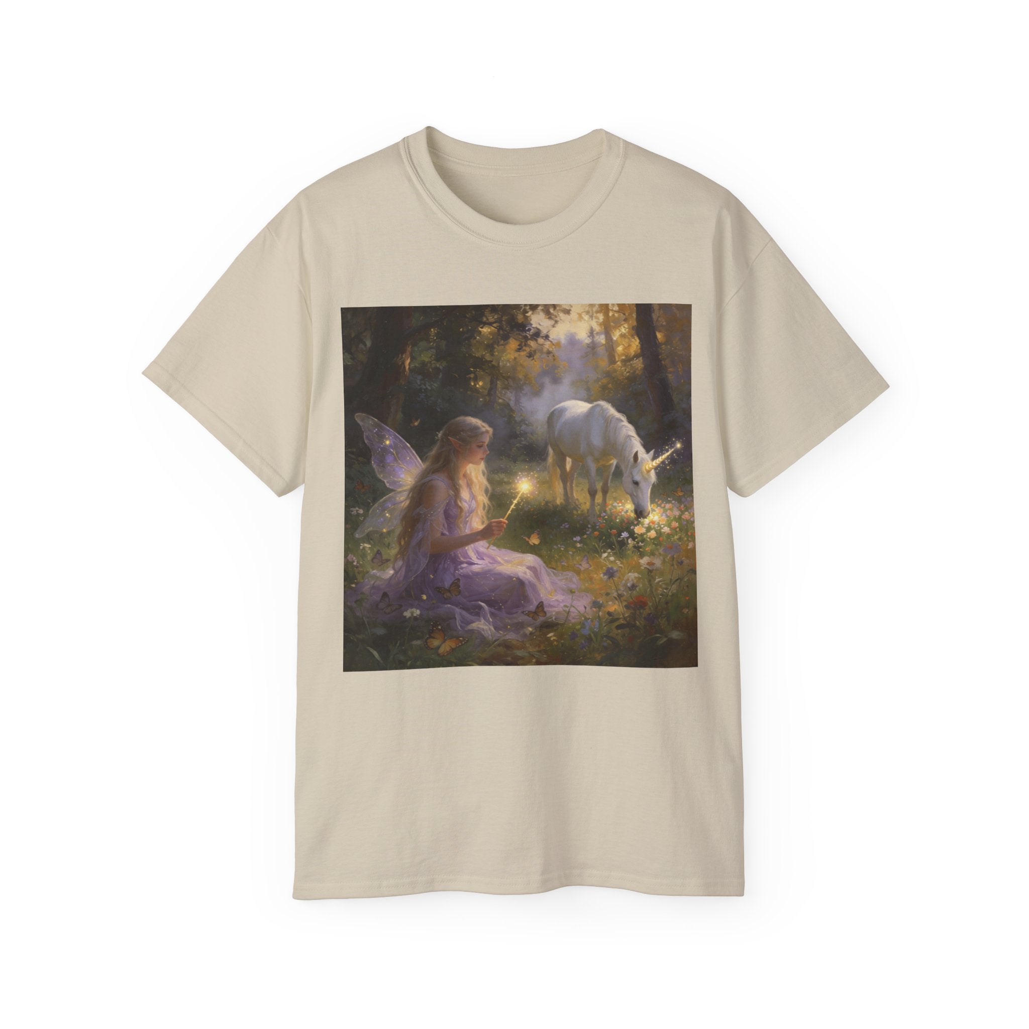 Fairy and Unicorn Cotton Forest Tee — Enchanted Fantasy Graphic T‑Shirt