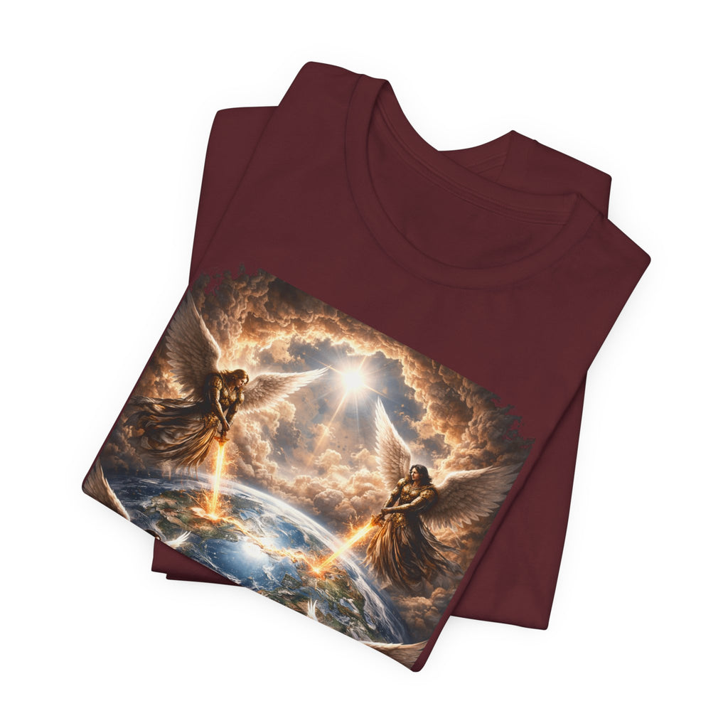 Revelation 7:1 Four angels standing on the four corners of the earth as seen from heaven-when the secound comingis near T‑Shirt — Heavenly Earth & Angels Graphic Tee