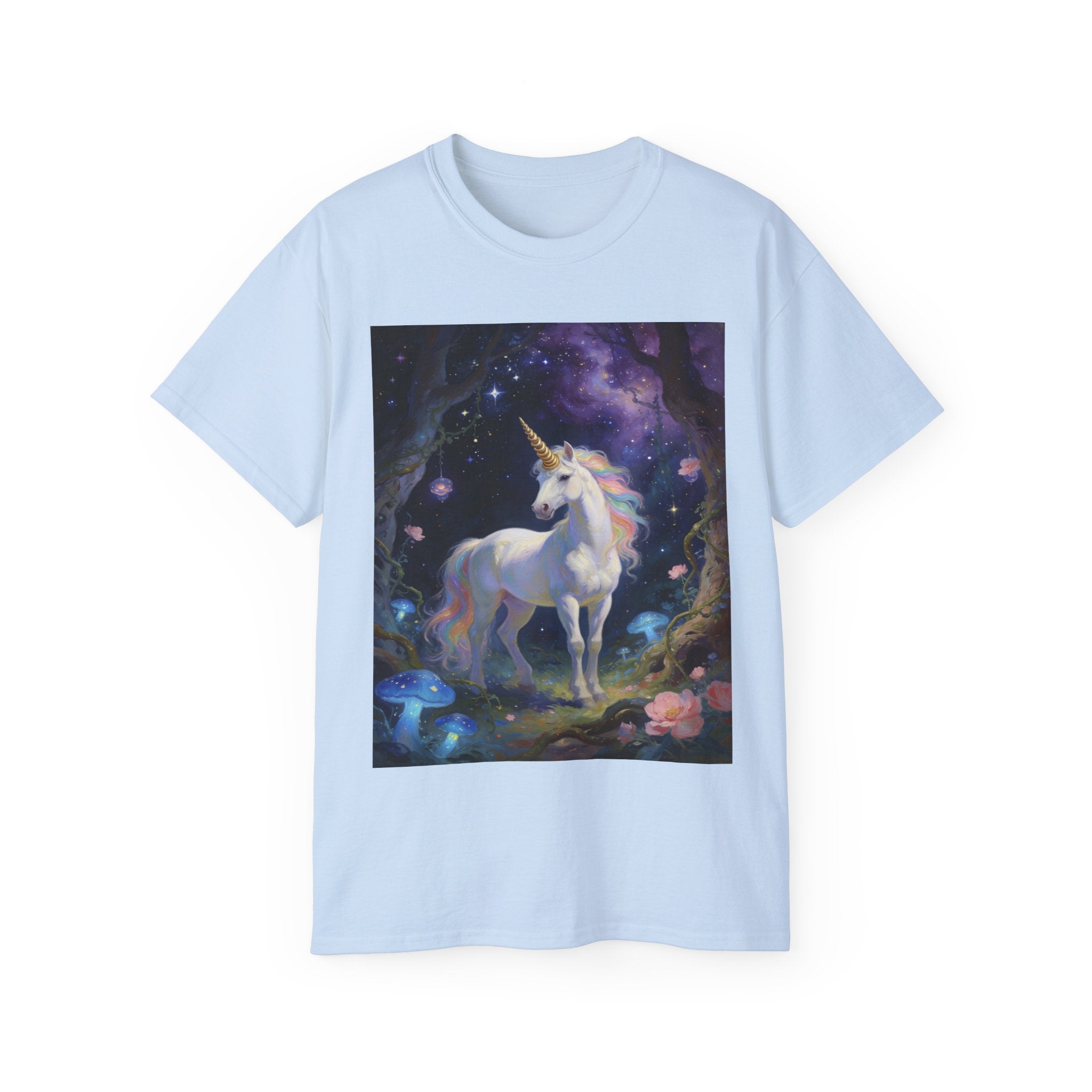 Unicorn Fantasy Cotton T‑Shirt — Enchanted Night Forest Graphic Tee