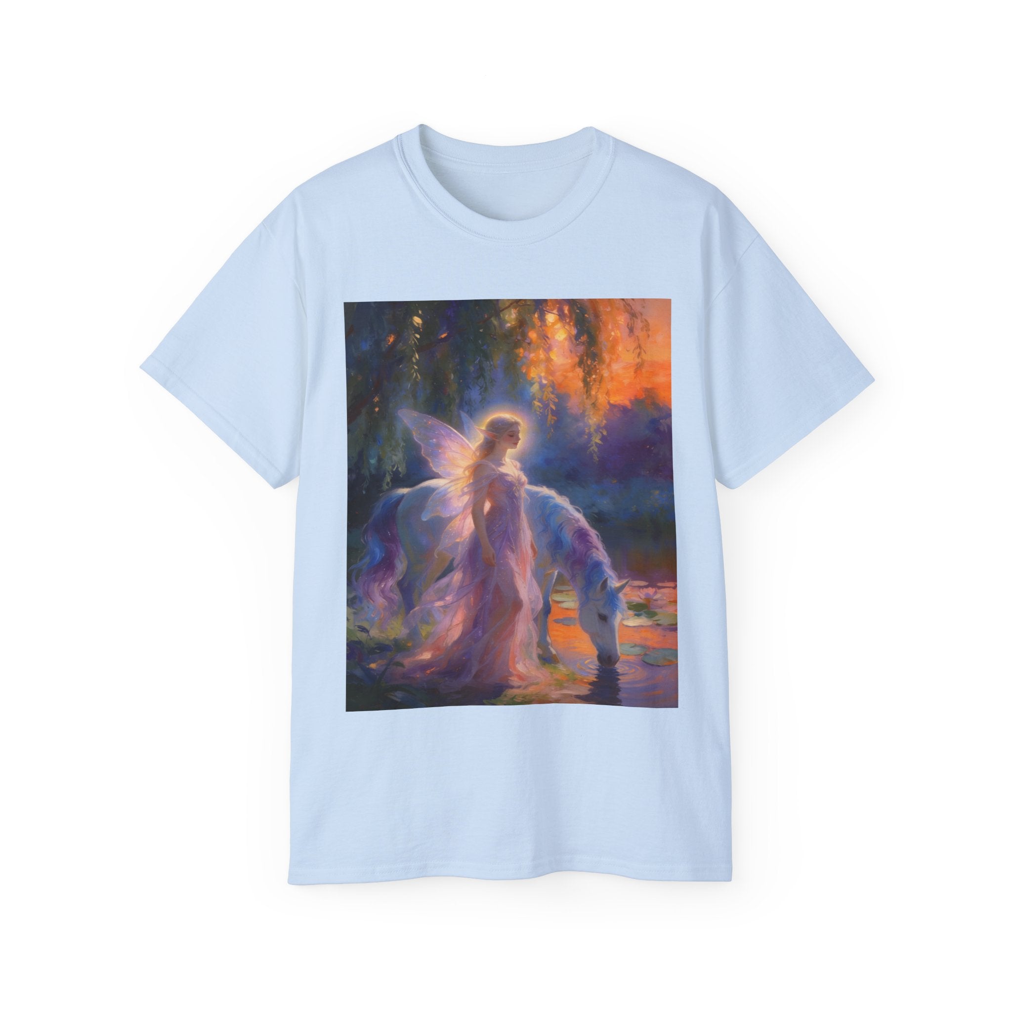 Fairy and Unicorn Fantasy Cotton T-Shirt — Ethereal Sunset Magic Tee