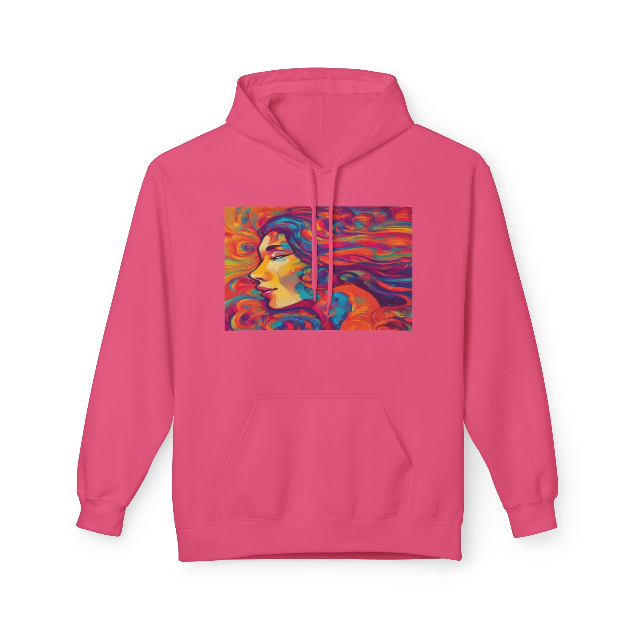 Colorful 1970s Psychedelic Woman Portrait Hoodie — Vibrant Retro Art Pullover