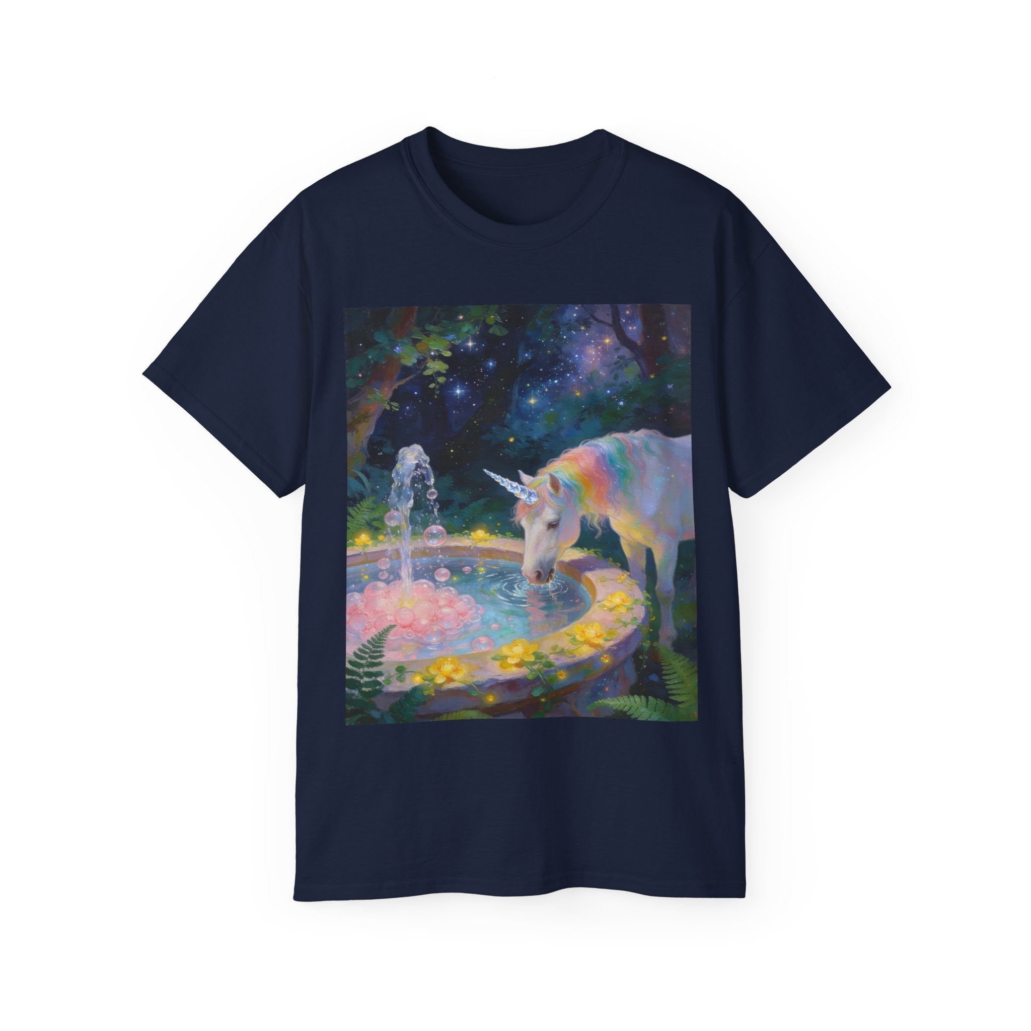 Unicorn Night Garden Tee — Rainbow Unicorn at Moonlit Fountain T-Shirt